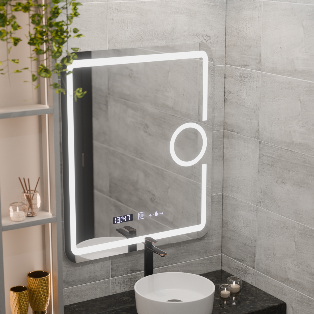 Oglinda LED 75x90 cm cu Lumină Reglabilă, Senzor Touch, Dezaburire, Ceas, Termometru și Lupă