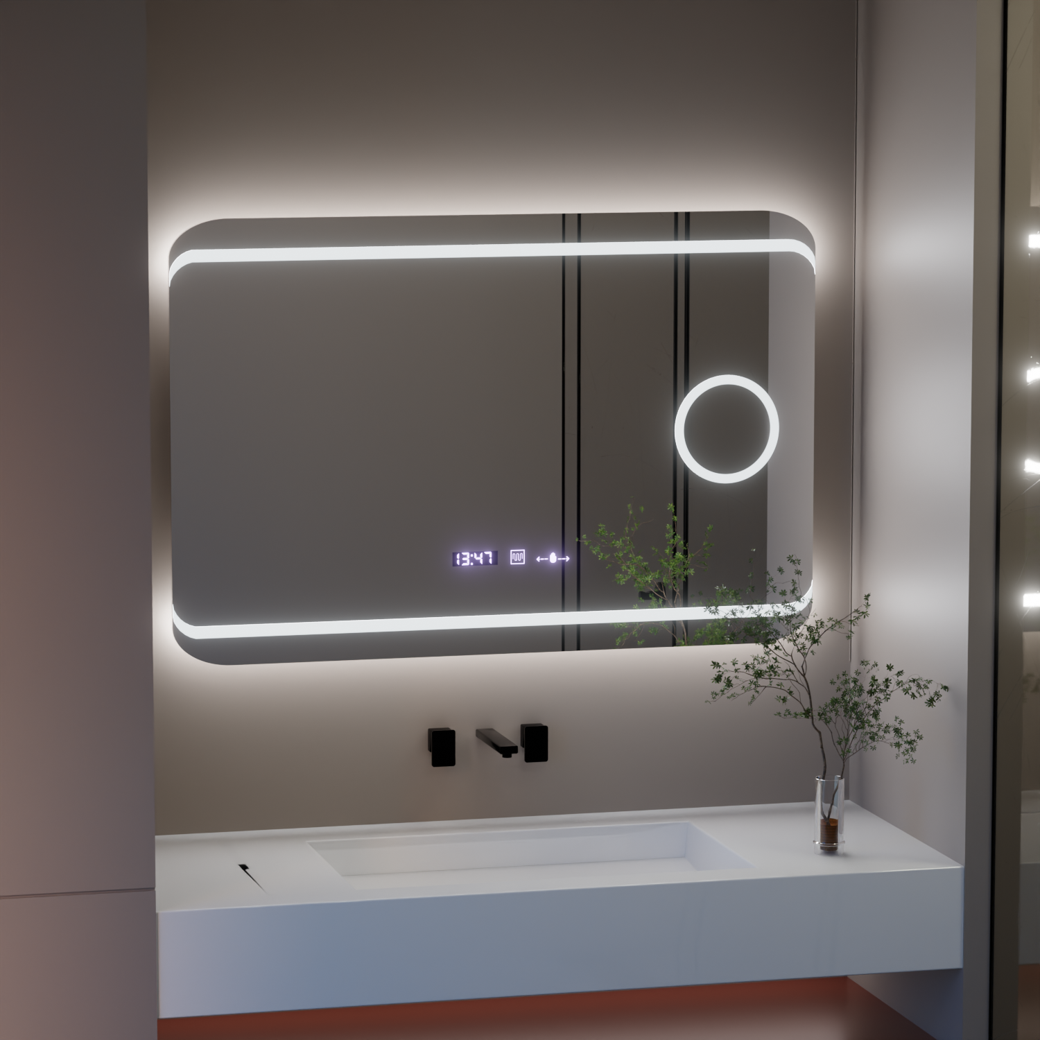 Oglinda LED 100×60 cm cu senzor, dezaburire, ceas digital, termometru și lupă cosmetică