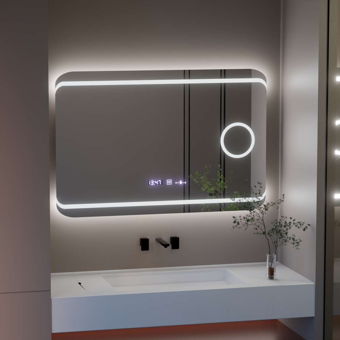 Oglinda LED 100×60 cm cu senzor, dezaburire, ceas digital, termometru și lupă cosmetică