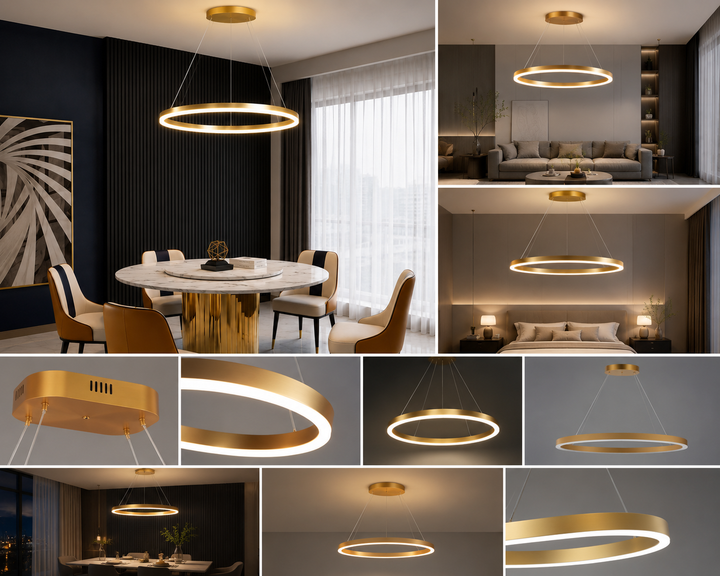 Pendul LED cu telecomanda, 55W, lumina reglabila 2800K–6500K, Ø500 mm, design auriu modern