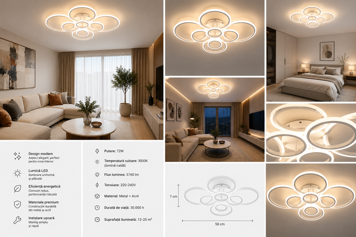 Lustra LED moderna, 180W, lumină reglabilă 3000–6500K, cu telecomanda, 7728/4+4WH