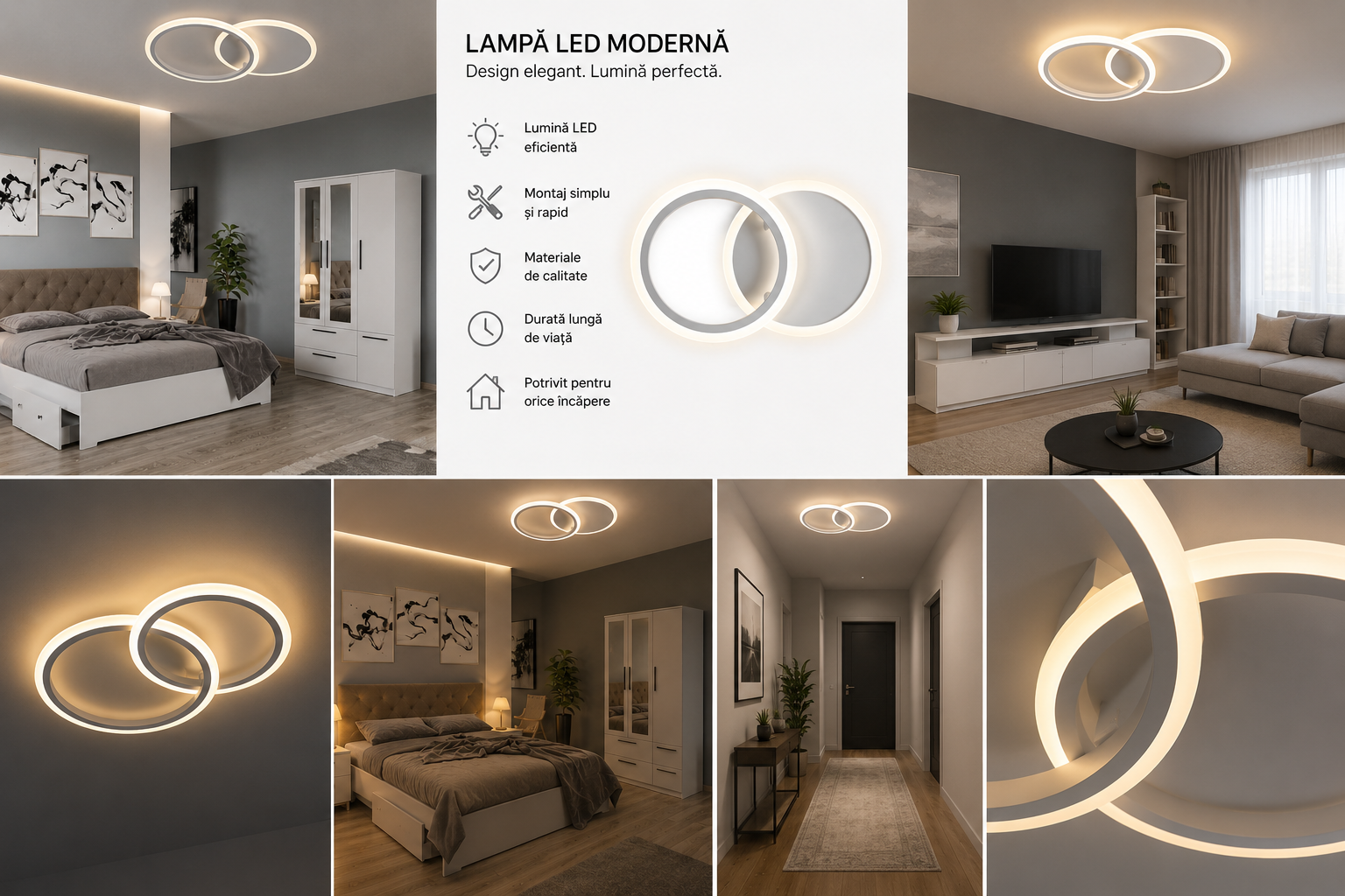 Lustra led LED cu cercuri, model 8888/2WH , Alb, telecomandă, 66W