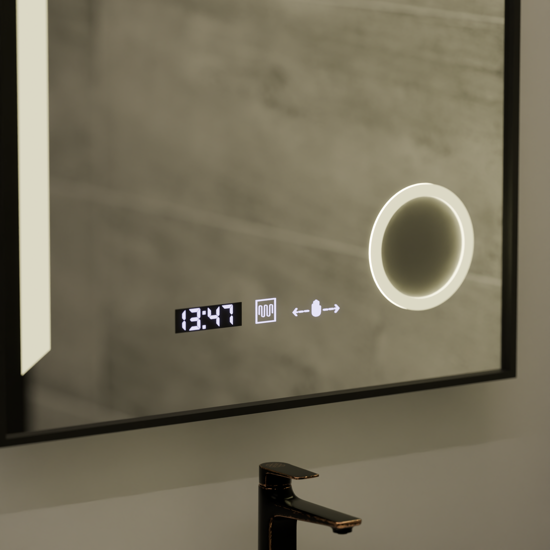 Oglinda LED 60×80 cm cu ramă neagră, senzor, dezaburire, ceas, termometru și lumină reglabilă