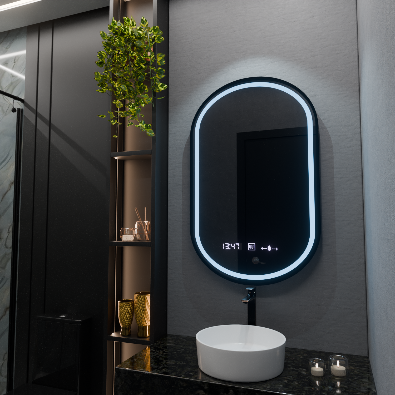 Oglinda LED Ovala 50x80 cm, cu Senzor, Iluminare Dimabilă, Dezaburire, Ceas și Termometru