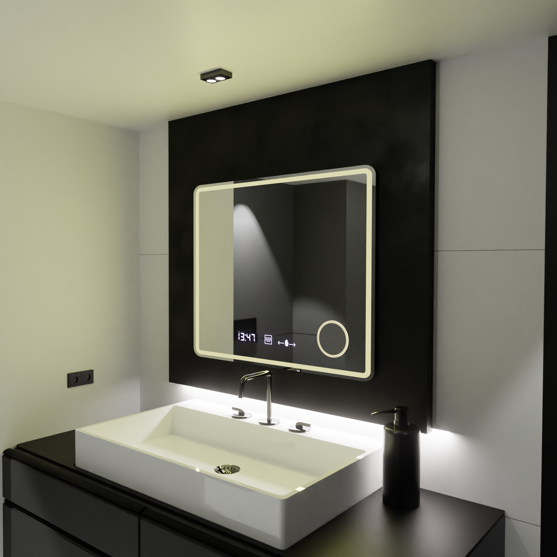 Oglinda LED dreptunghiulara 90×75 cm cu senzor, dezaburire, lupă, ceas și lumină reglabilă