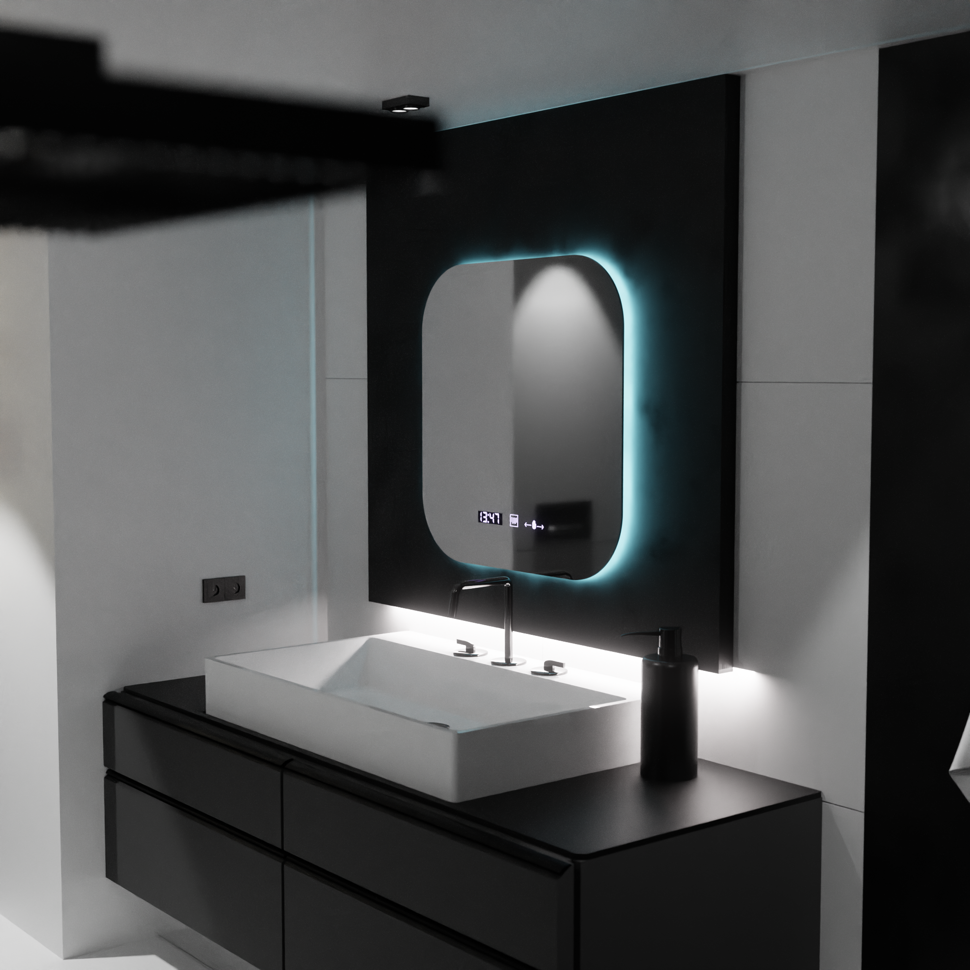 Oglinda LED 60×60 cm cu dezaburire, ceas digital și lumină reglabilă