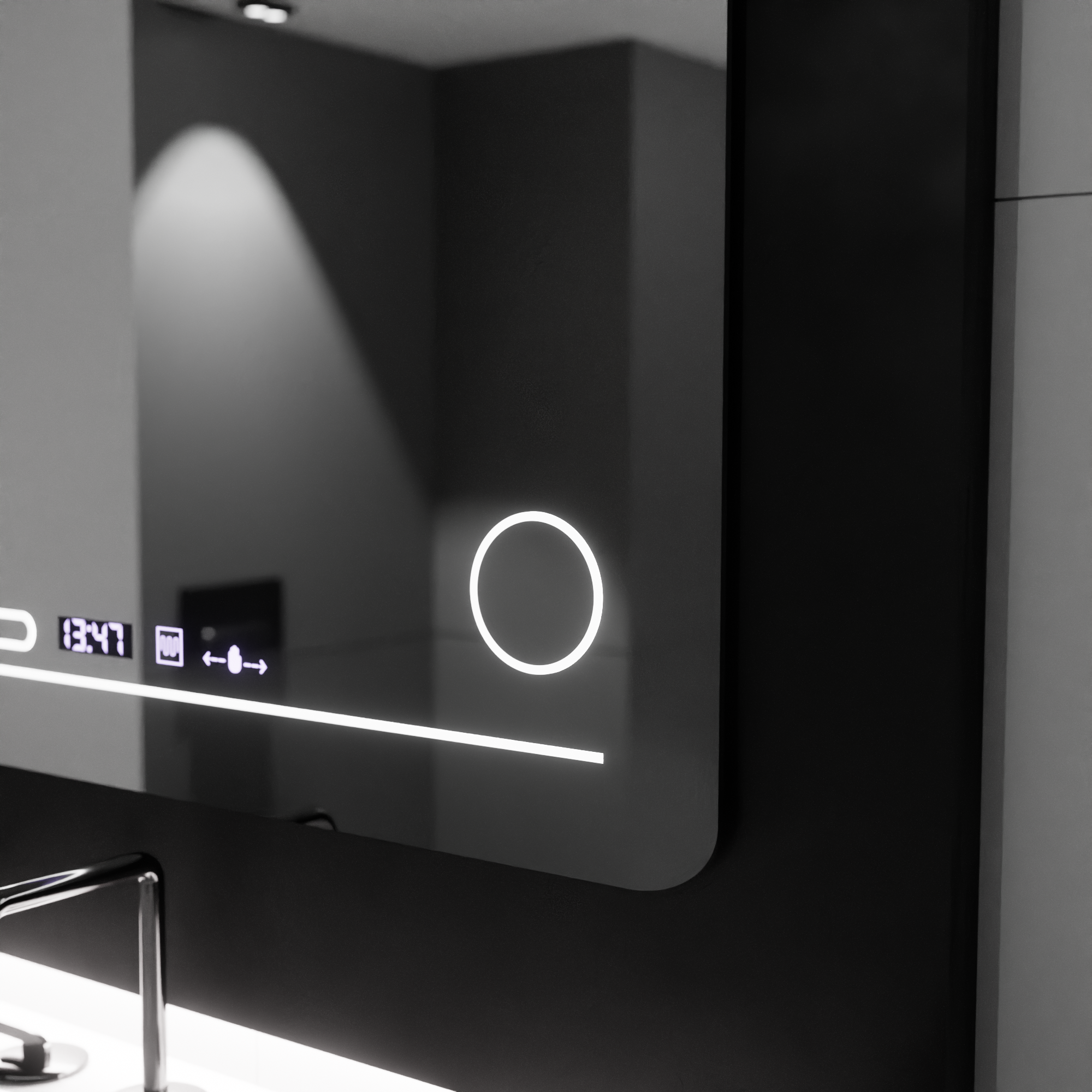 Oglinda LED 80×60 cm cu senzor, dezaburire, ceas digital, lupa si lumină reglabila