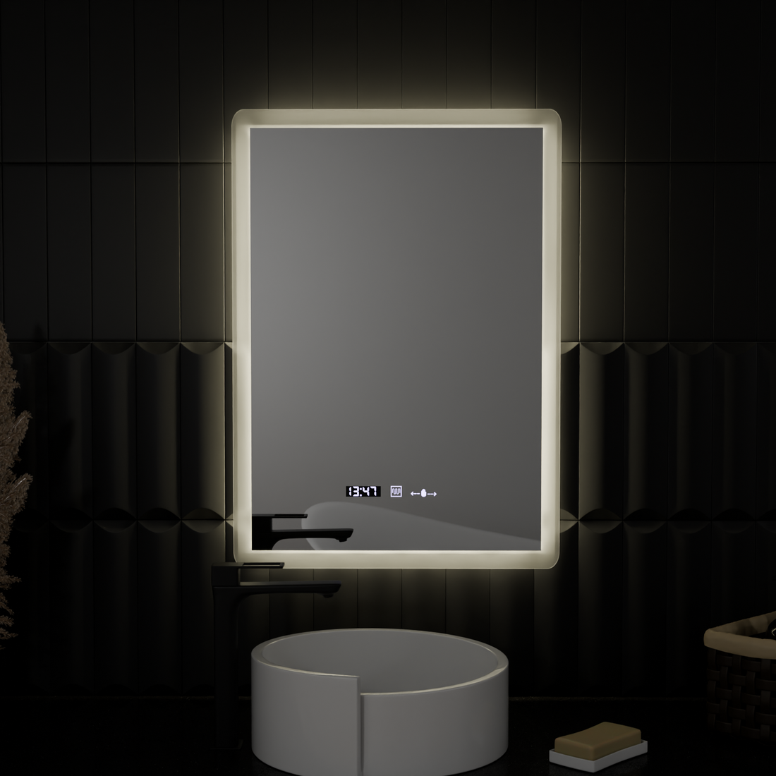 Oglinda LED 50×70 cm cu senzor, dezaburire, ceas digital, termometru și lumină reglabilă