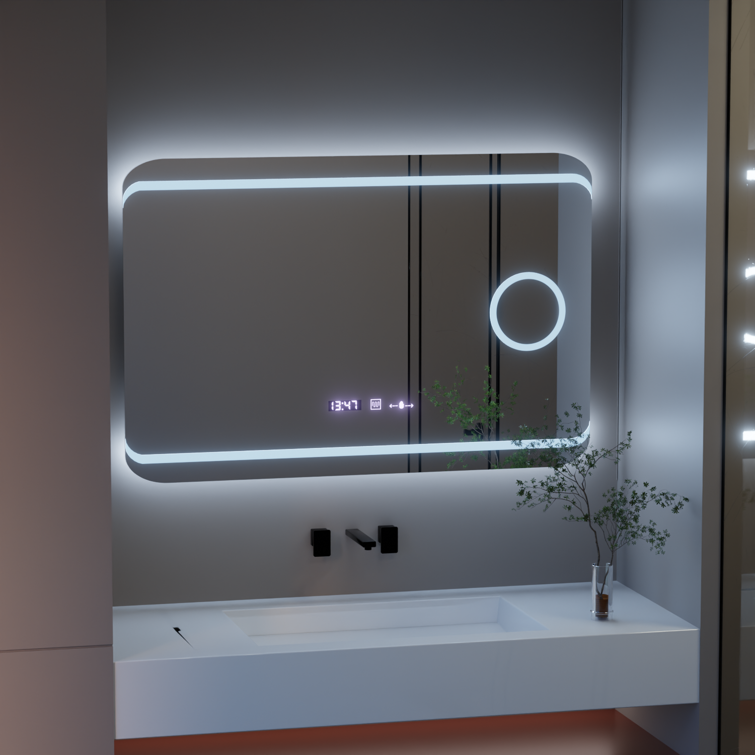 Oglinda LED 100×60 cm cu senzor, dezaburire, ceas digital, termometru și lupă cosmetică