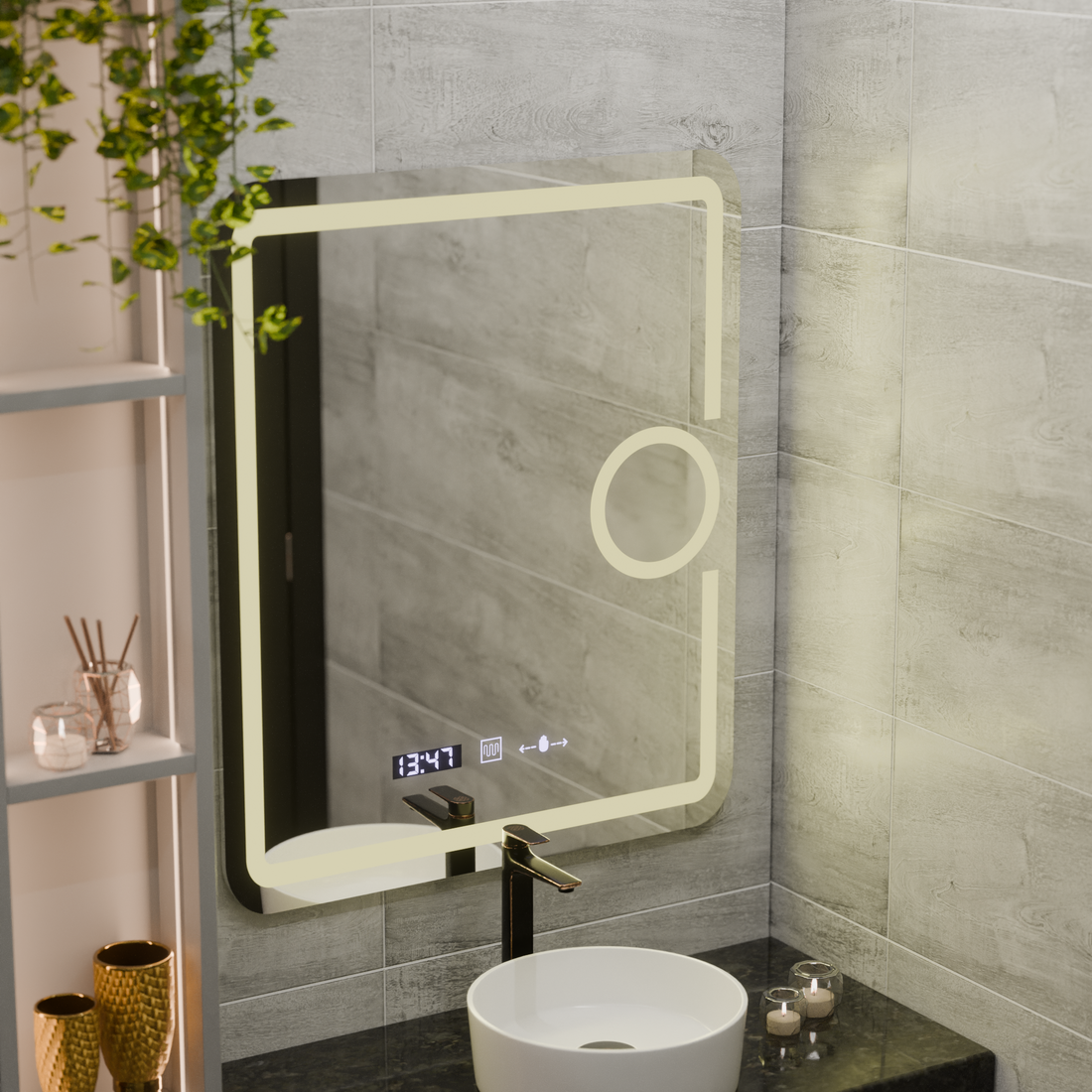 Oglinda LED 75x90 cm cu Lumină Reglabilă, Senzor Touch, Dezaburire, Ceas, Termometru și Lupă