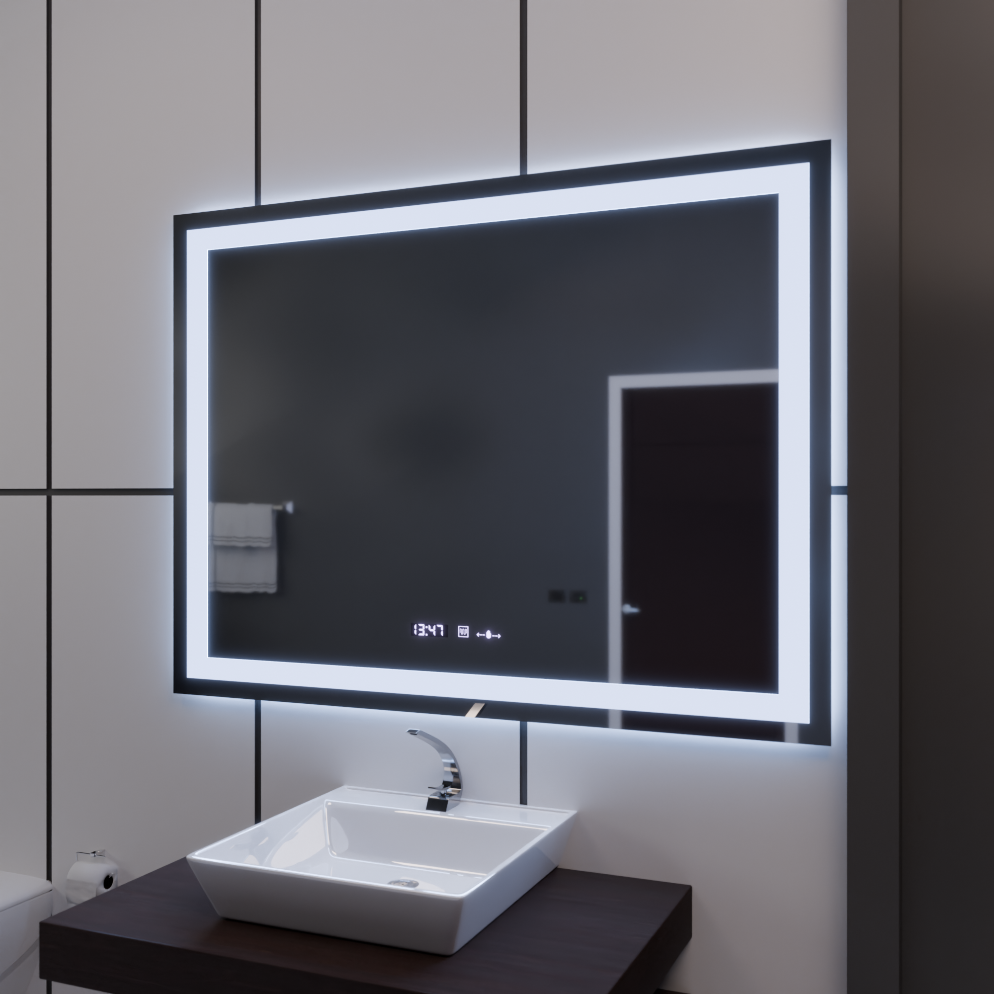 Oglinda LED 120x80cm cu Iluminare Dimabilă, Senzor Touch, Dezaburire, Ceas și Termometru