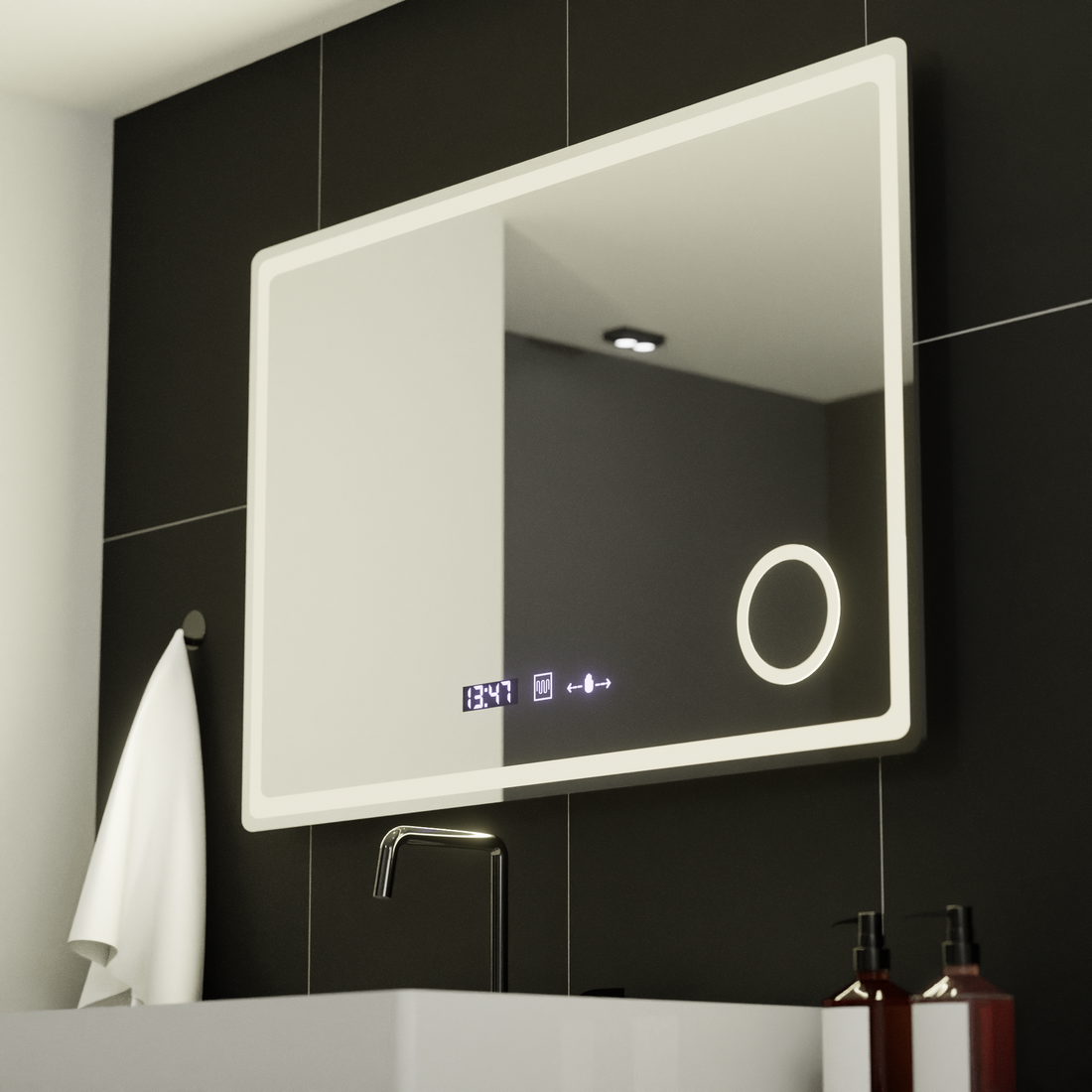Oglinda LED 90×60 cm cu senzor, dezaburire, ceas digital și lumină reglabilă