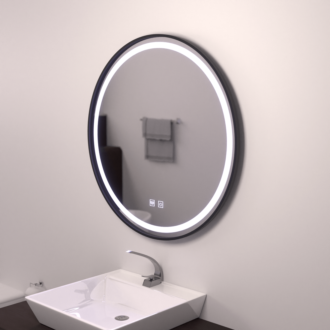 Oglinda LED Rotundă cu Touch, 60cm, Iluminare Rece, Sistem Dezaburire, Ramă Neagră
