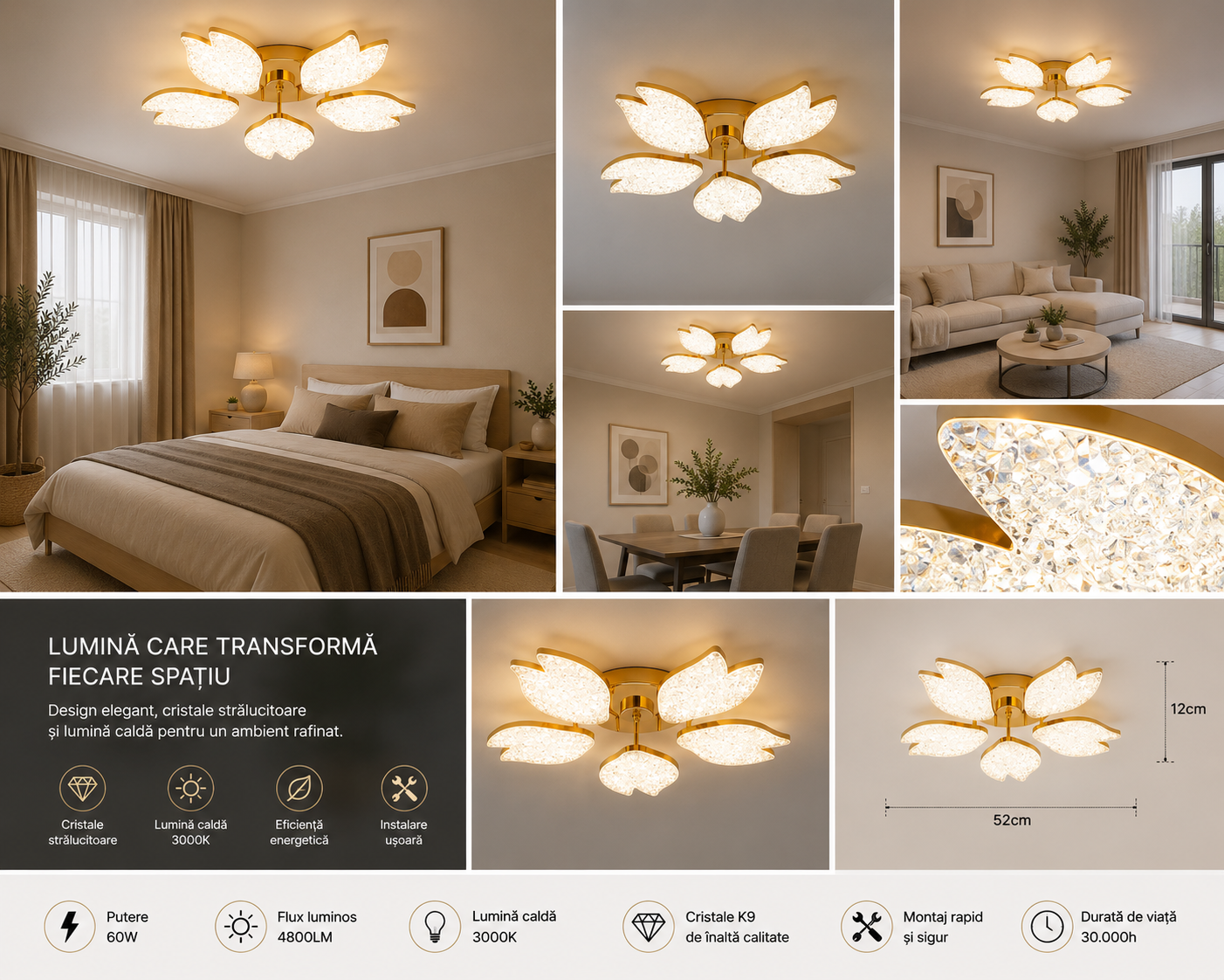 Lustra LED moderna aurie cu petale acrilice, 100W, Ø61 cm, model 9141/5 FGD, lumină 3000–6500K, telecomandă