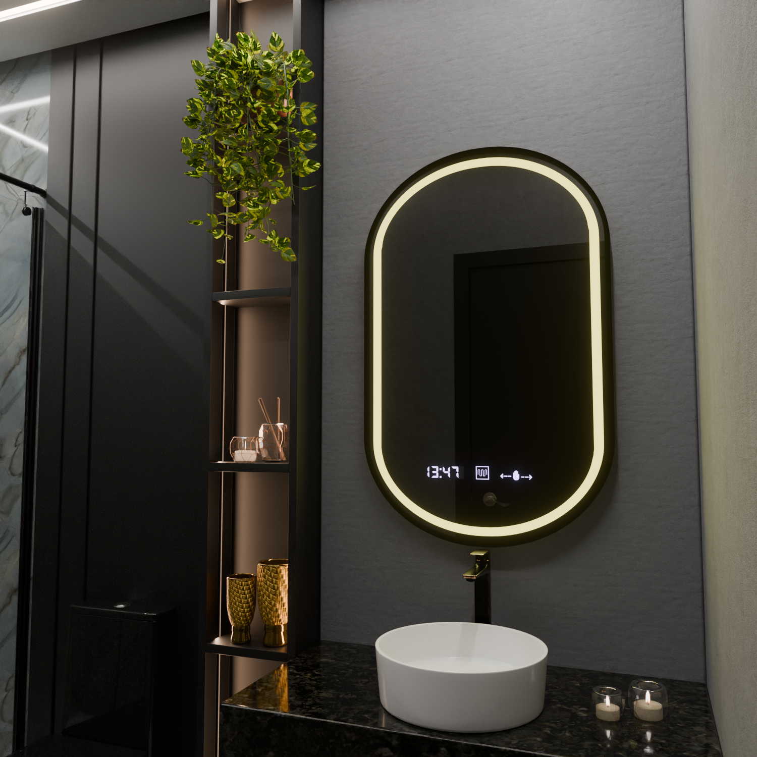 Oglinda LED Ovala 50x80 cm, cu Senzor, Iluminare Dimabilă, Dezaburire, Ceas și Termometru