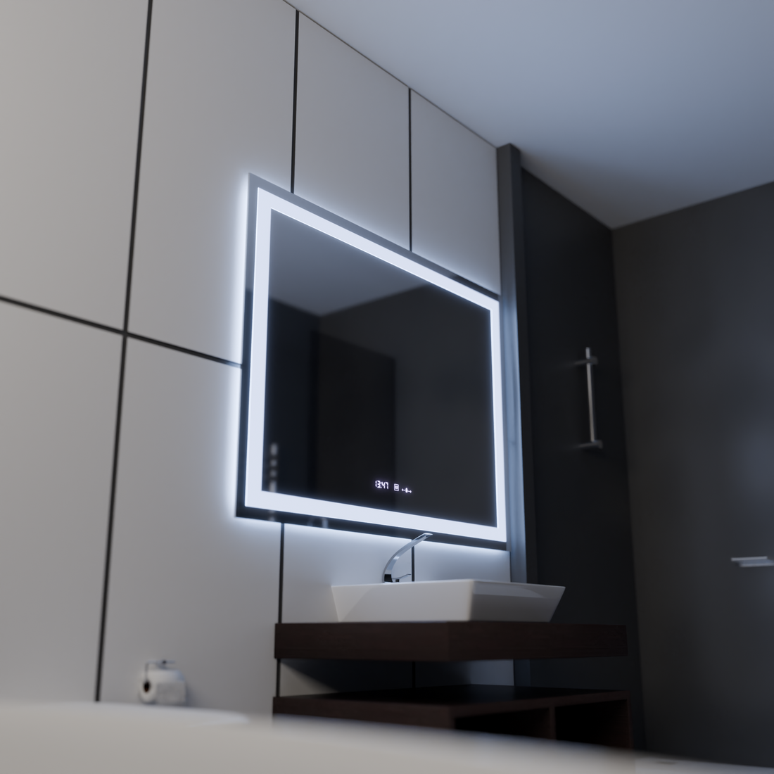 Oglinda LED 120x80cm cu Iluminare Dimabilă, Senzor Touch, Dezaburire, Ceas și Termometru
