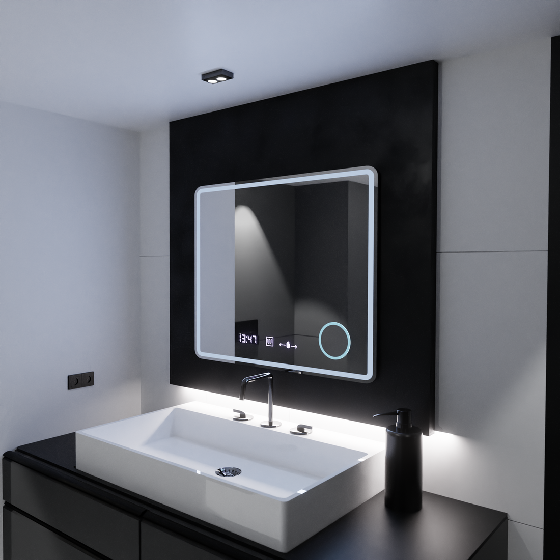 Oglinda LED dreptunghiulara 90×75 cm cu senzor, dezaburire, lupă, ceas și lumină reglabilă