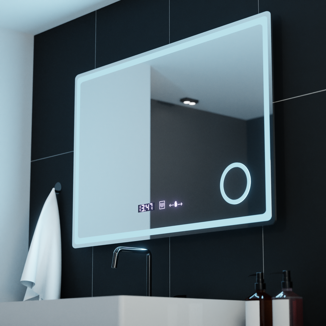 Oglinda LED 90×60 cm cu senzor, dezaburire, ceas digital și lumină reglabilă