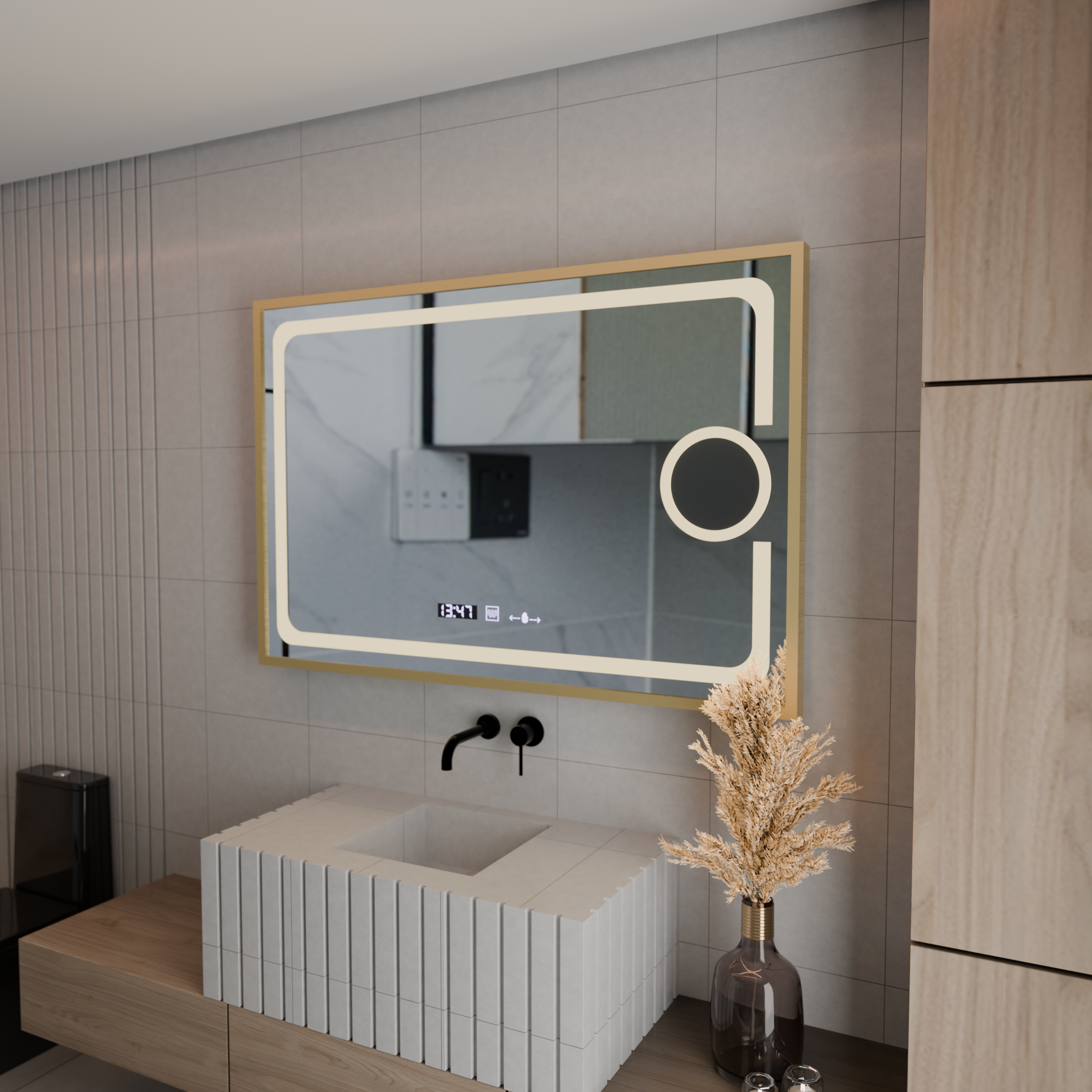 Oglindă LED 120×80 cm cu senzor, 3 tipuri de lumină, dezaburire și afișaj digital – IP44