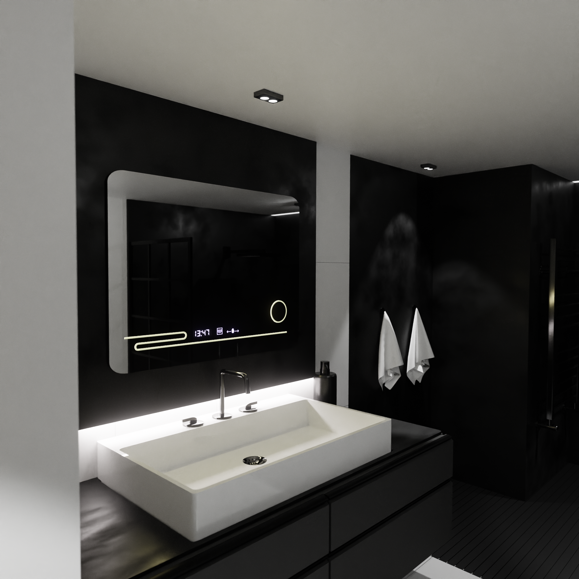 Oglinda LED 80×60 cm cu senzor, dezaburire, ceas digital, lupa si lumină reglabila