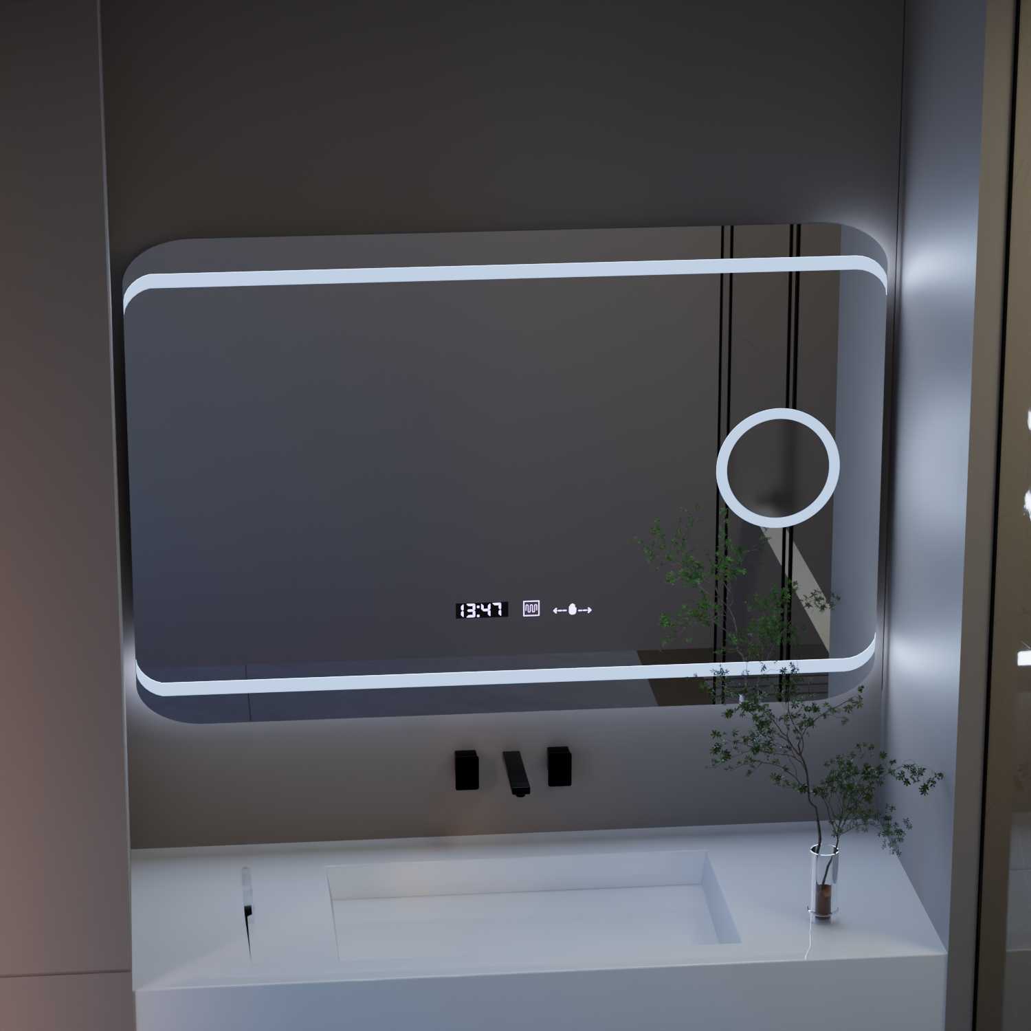 Oglinda LED 120×80 cm cu senzor, dezaburire, ceas, termometru și lupă cosmetică