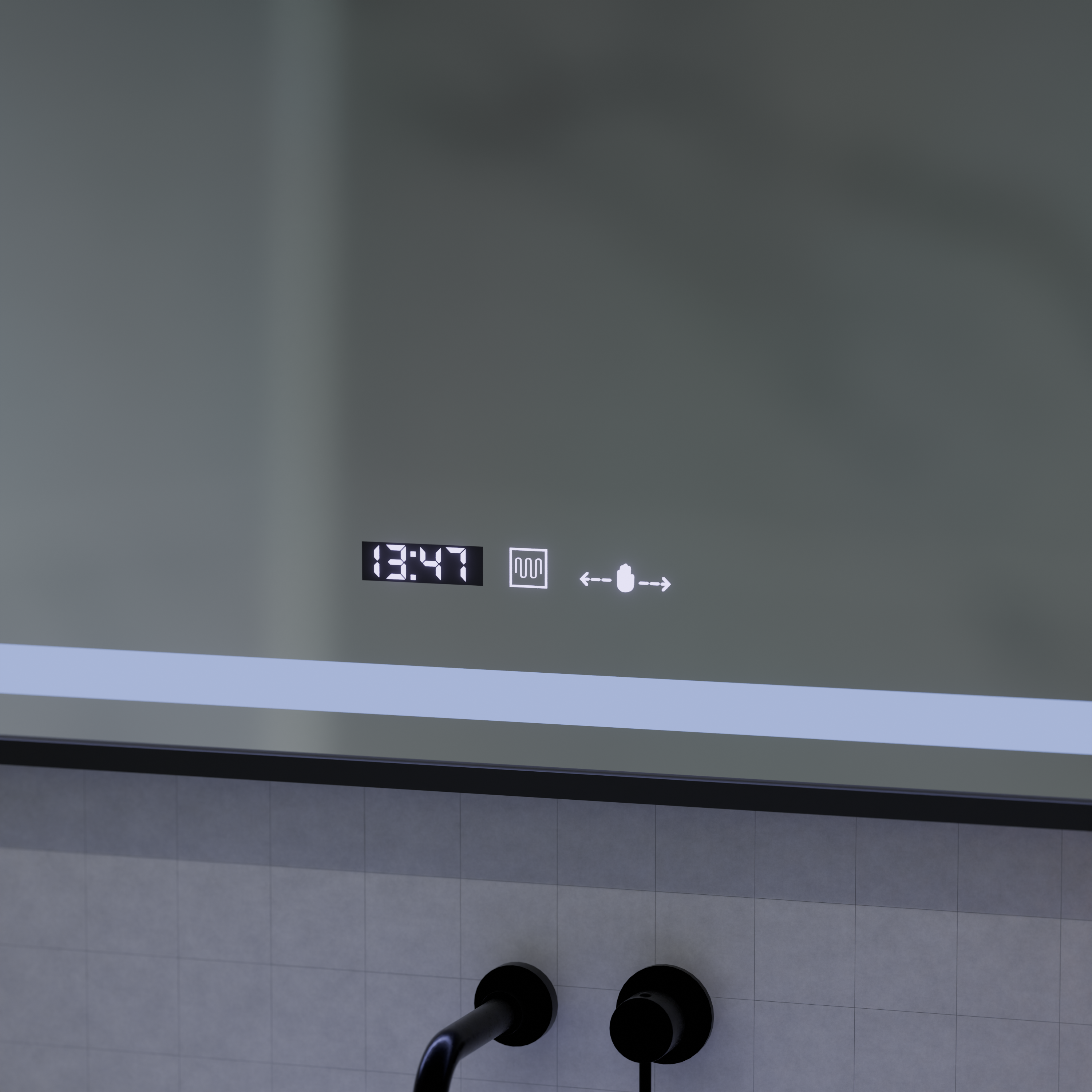 Oglinda LED Senzor cu functie Dezaburire Termometru Ceas 120x65 cm Lumina Rece/Calda/Neutra Dimabila, Rama Negra