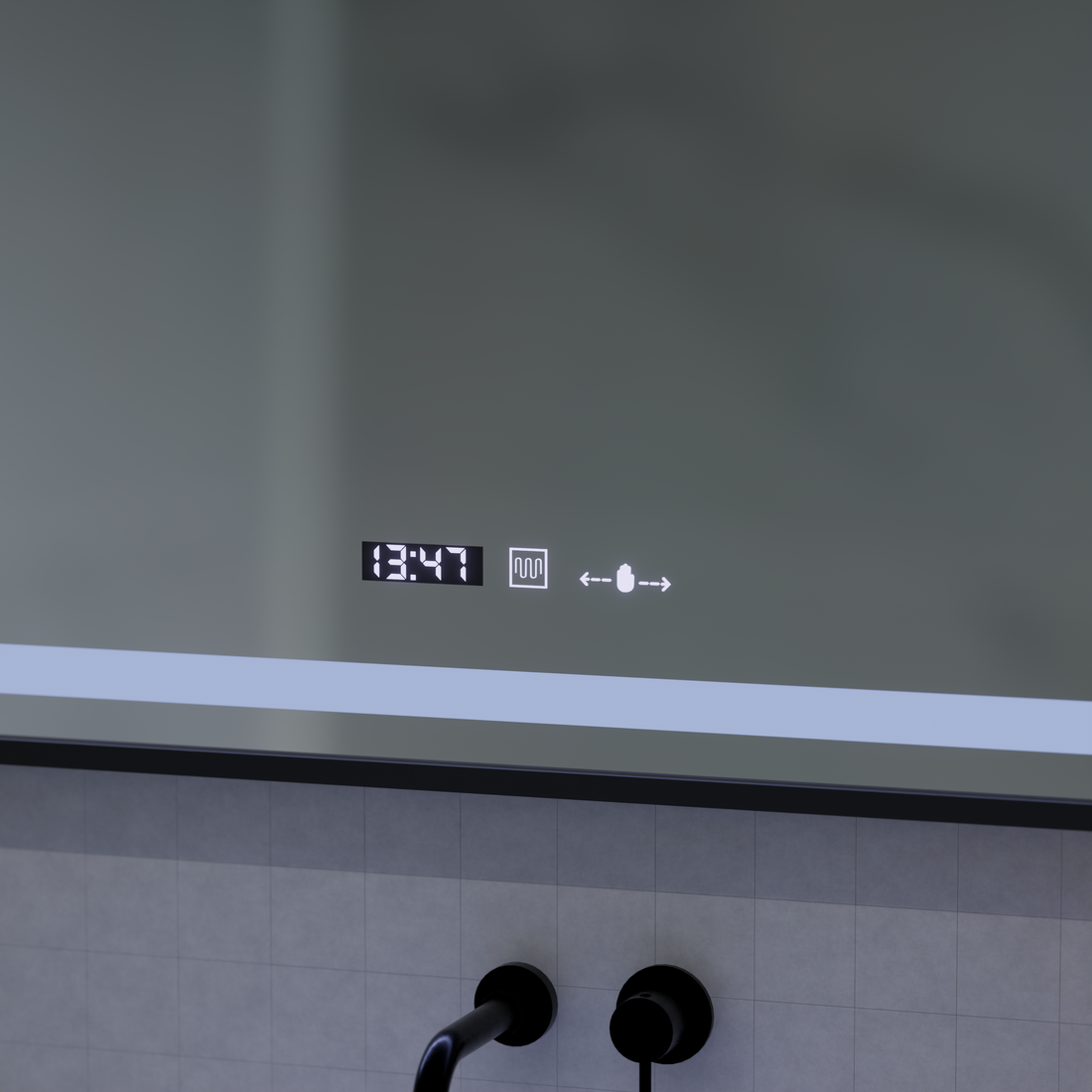 Oglinda LED Senzor cu functie Dezaburire Termometru Ceas 120x65 cm Lumina Rece/Calda/Neutra Dimabila, Rama Negra