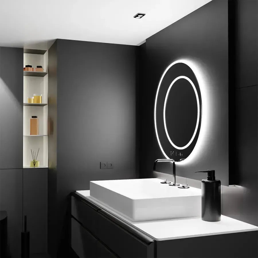 Oglinda LED Touch July – 60x60 cm, cu senzor și sistem de dezaburire | Design dublu inel luminos