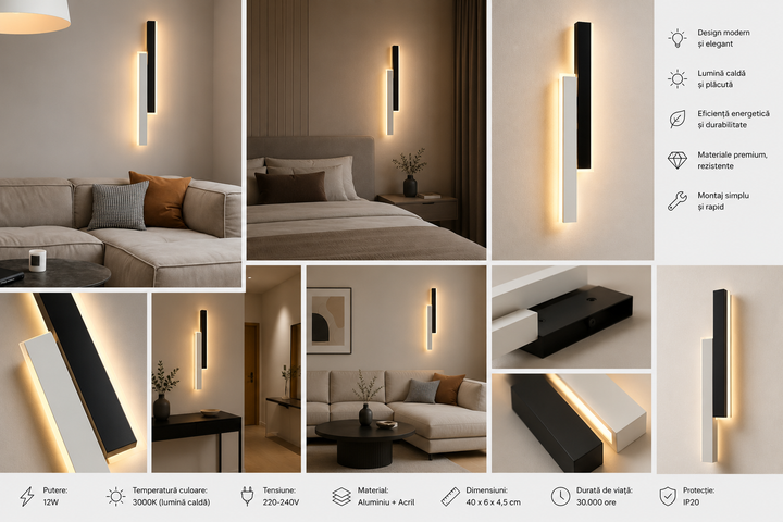 Aplica LED de Perete Modernă 9751/600BK+WH – Design Minimalist Alb & Negru, 36W, 3000-6500K