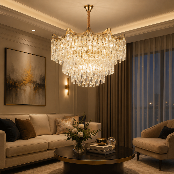 Candelabru Auriu cu Cristale – 5×E27, Ø39 cm, Design Clasic Compact