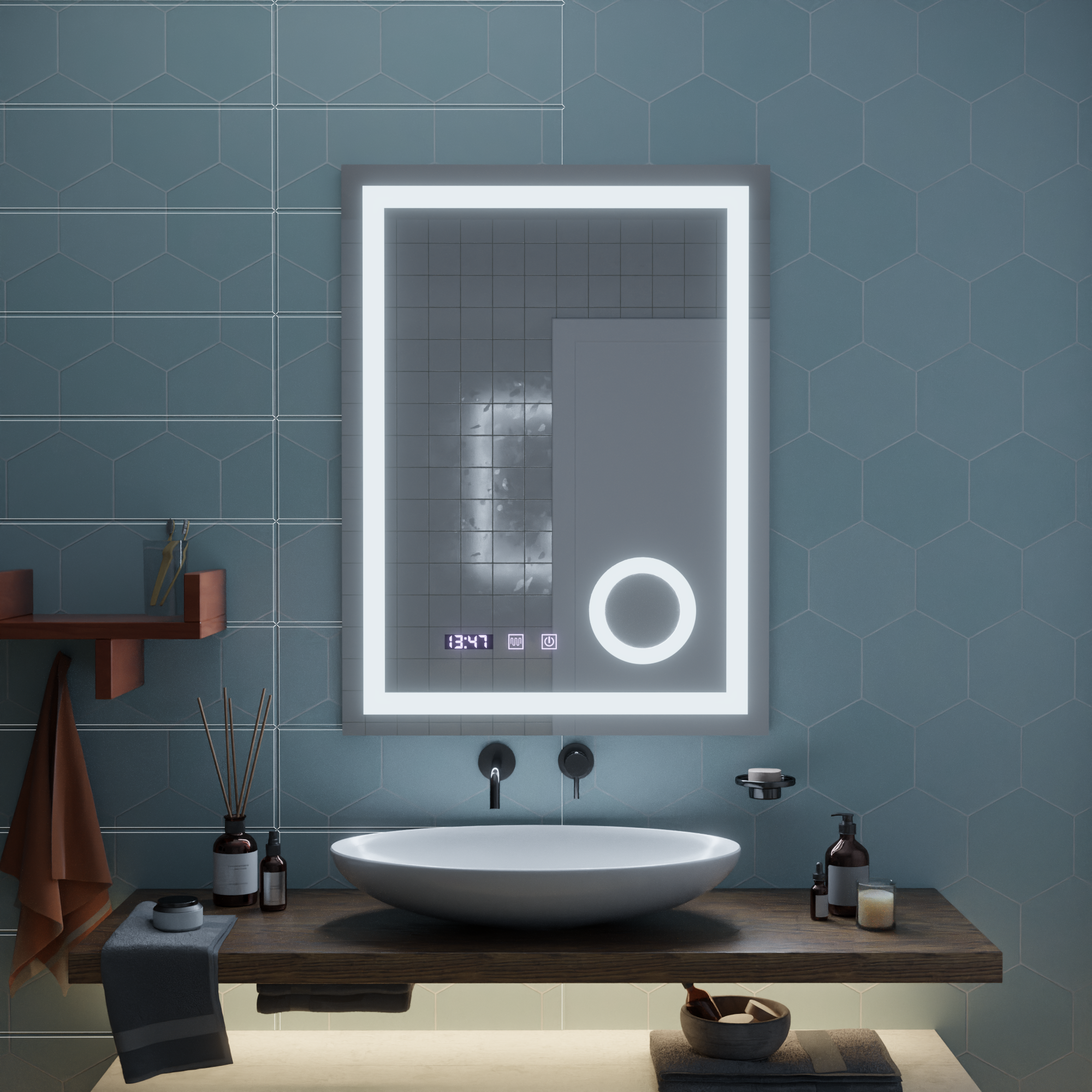 Oglinda LED Cu Senzor  Sistem Dezaburire, Ceas,si Temperatura 60x80 cm Lupa Cosmetica