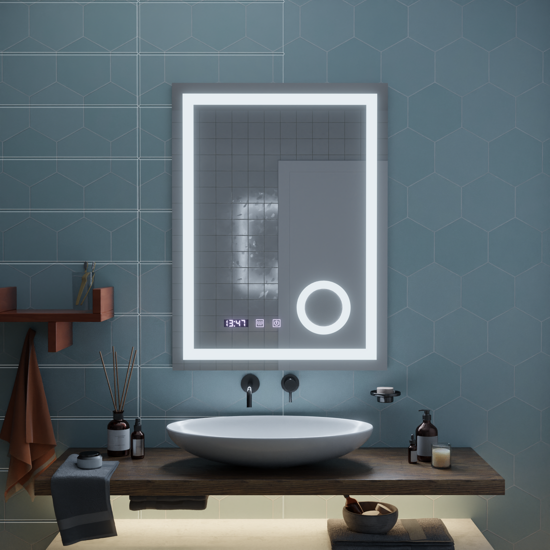 Oglinda LED Cu Senzor  Sistem Dezaburire, Ceas,si Temperatura 60x80 cm Lupa Cosmetica