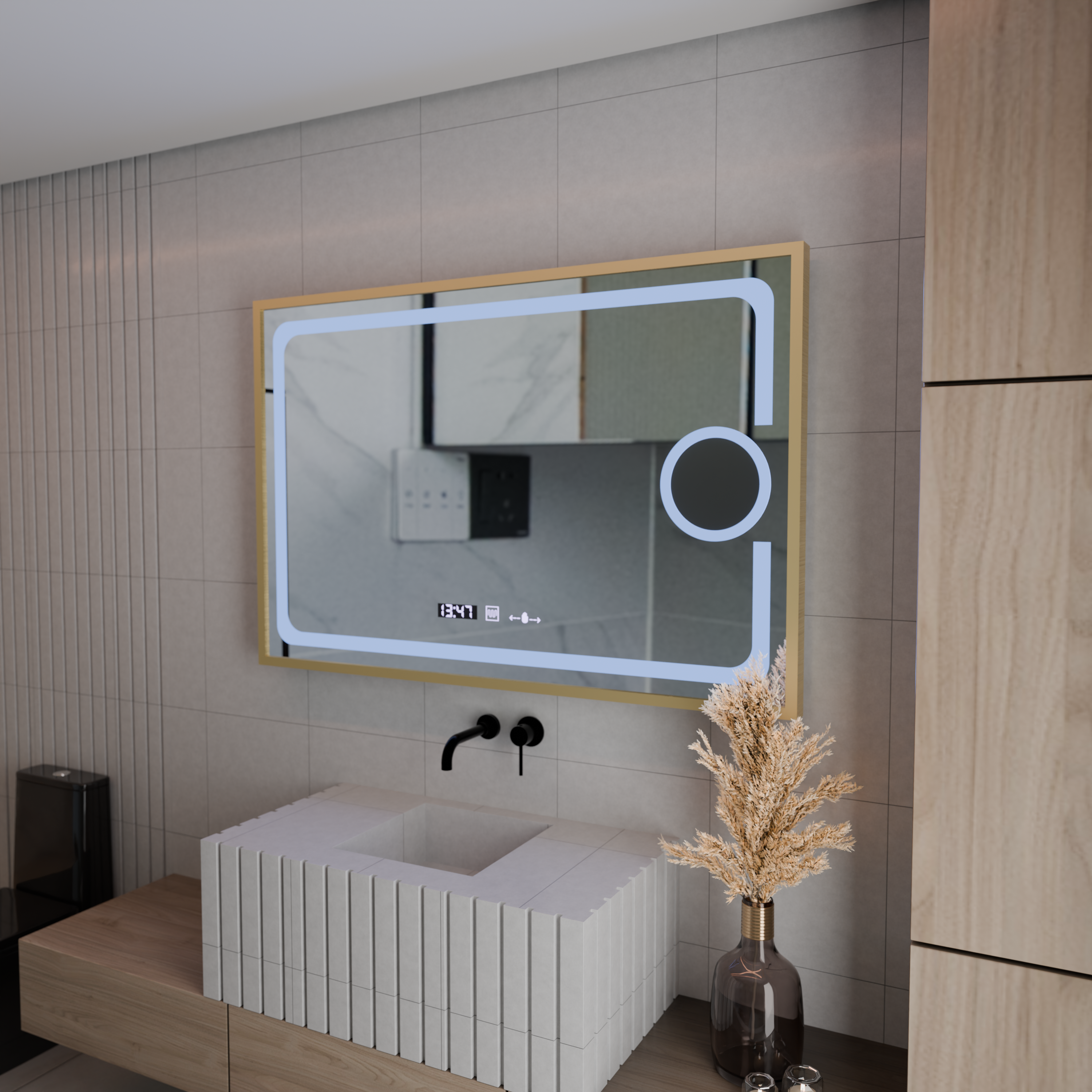 Oglindă LED 120×80 cm cu senzor, 3 tipuri de lumină, dezaburire și afișaj digital – IP44