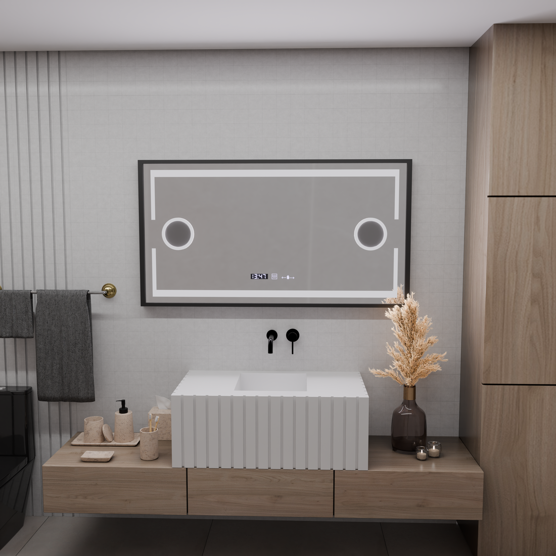 Oglinda LED Senzor cu functie Dezaburire Termometru Ceas 120x65 cm Lumina Rece/Calda/Neutra Dimabila, Rama Negra