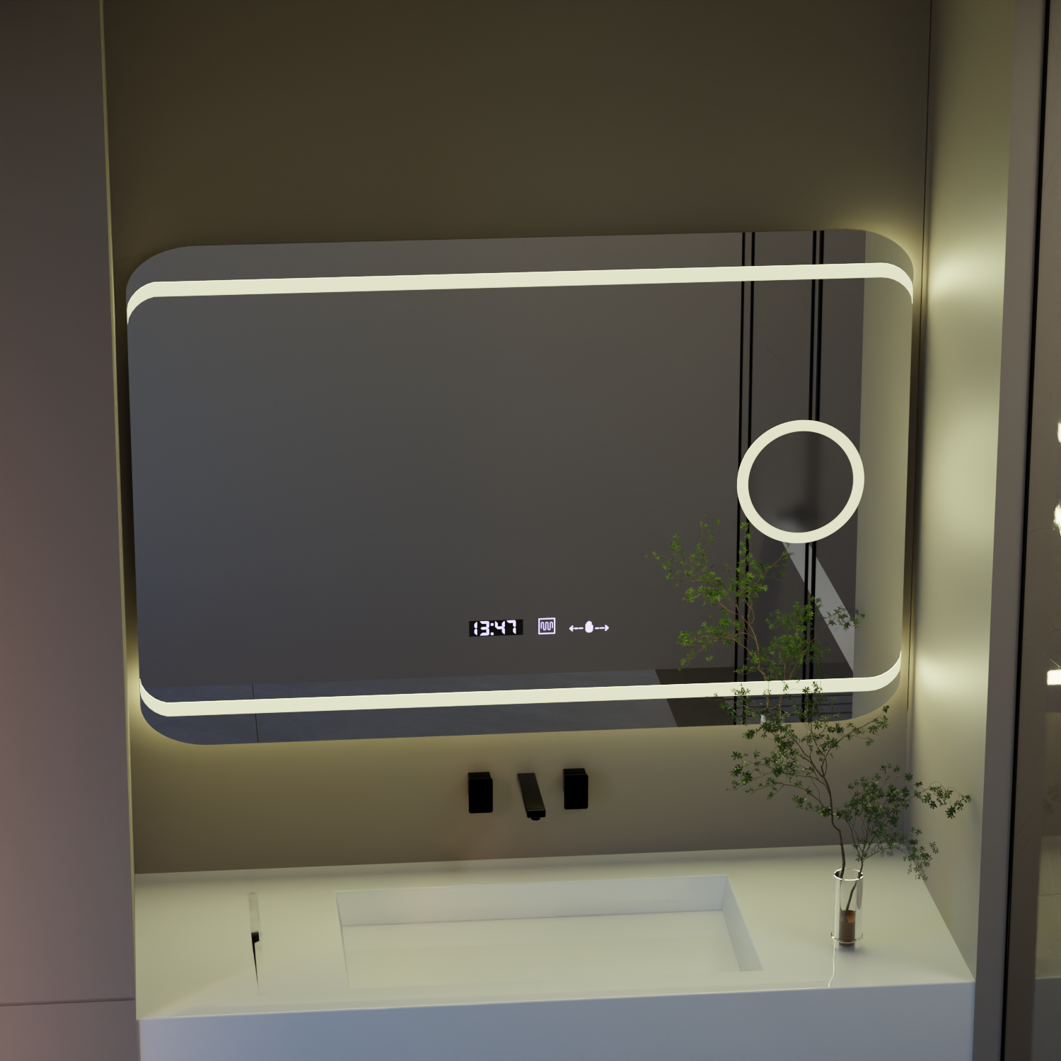 Oglinda LED 120×80 cm cu senzor, dezaburire, ceas, termometru și lupă cosmetică