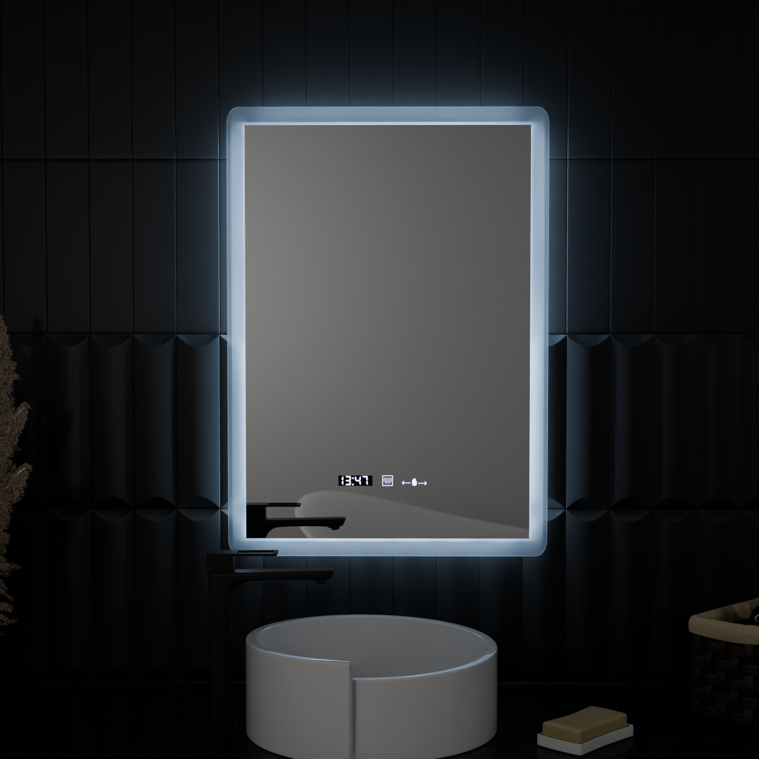 Oglinda LED 50×70 cm cu senzor, dezaburire, ceas digital, termometru și lumină reglabilă