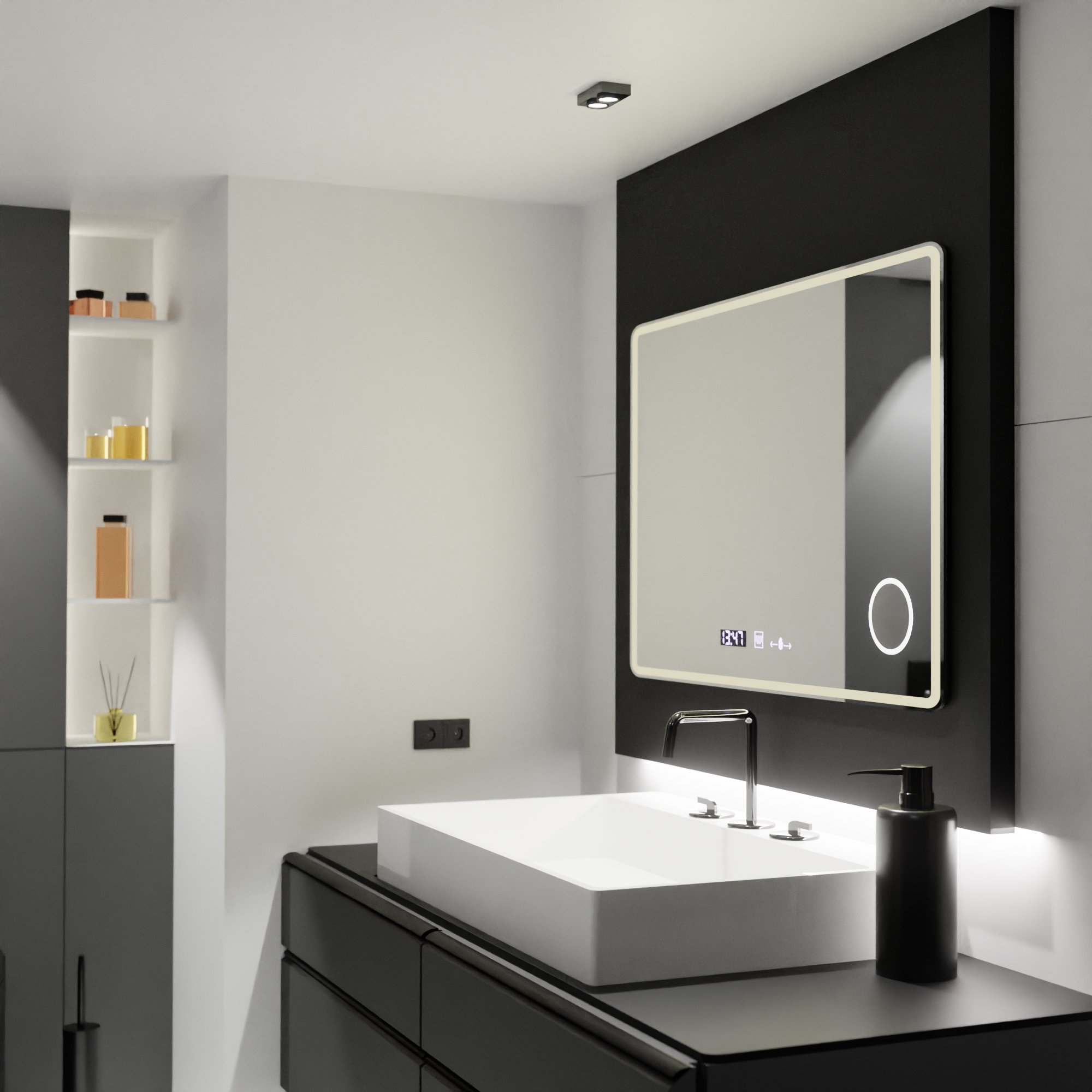 Oglinda LED dreptunghiulara 120×80 cm cu senzor, dezaburire, ceas și lumină reglabilă