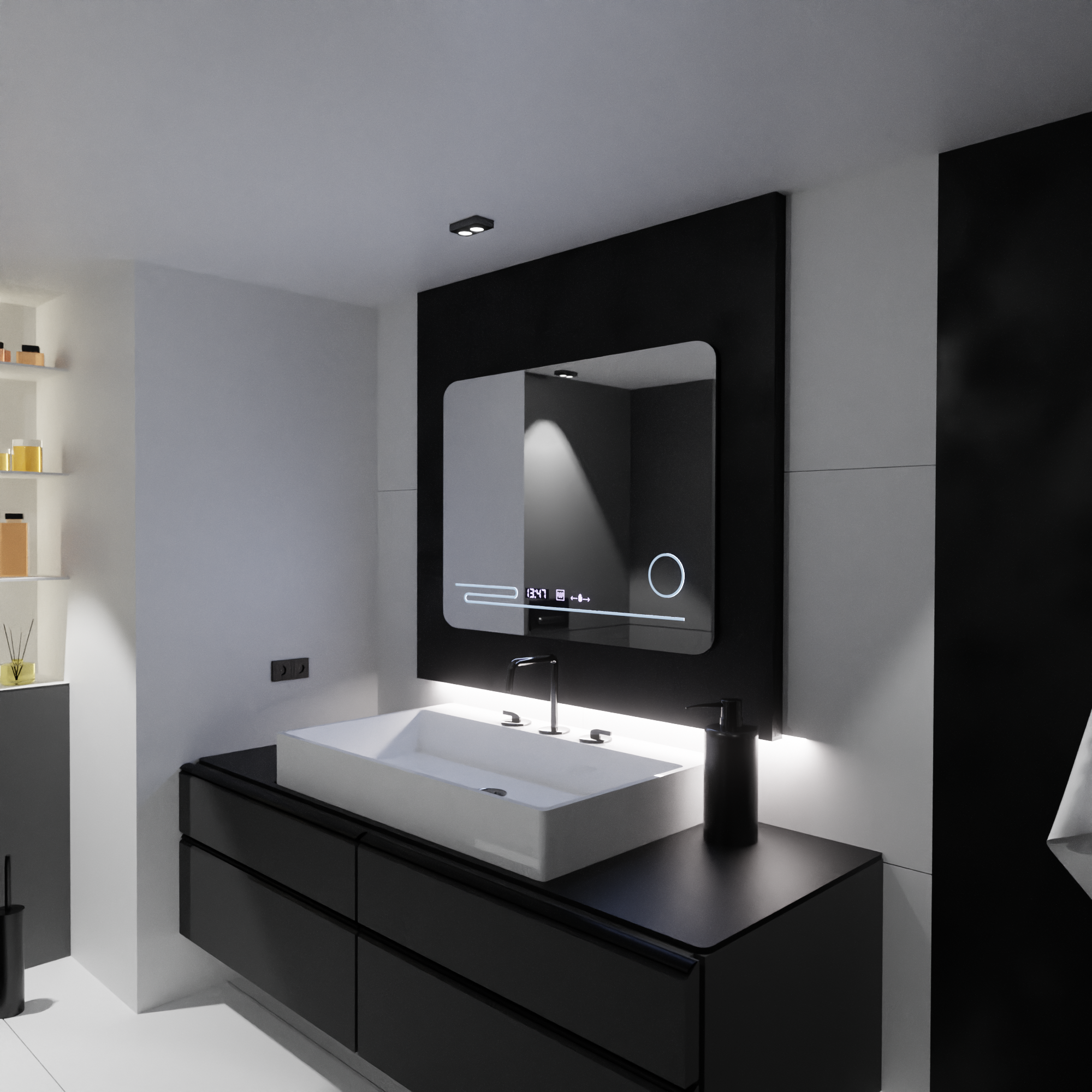 Oglinda LED 80×60 cm cu senzor, dezaburire, ceas digital, lupa si lumină reglabila