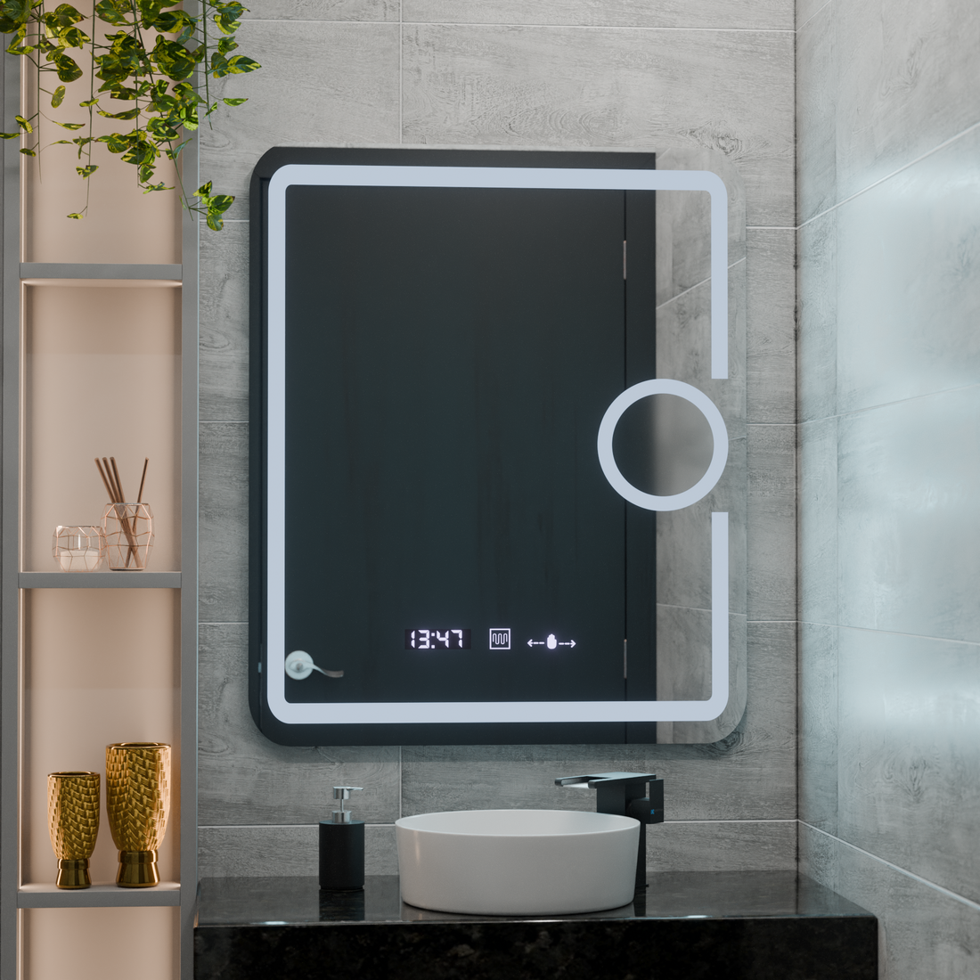 Oglinda LED 75x90 cm cu Lumină Reglabilă, Senzor Touch, Dezaburire, Ceas, Termometru și Lupă