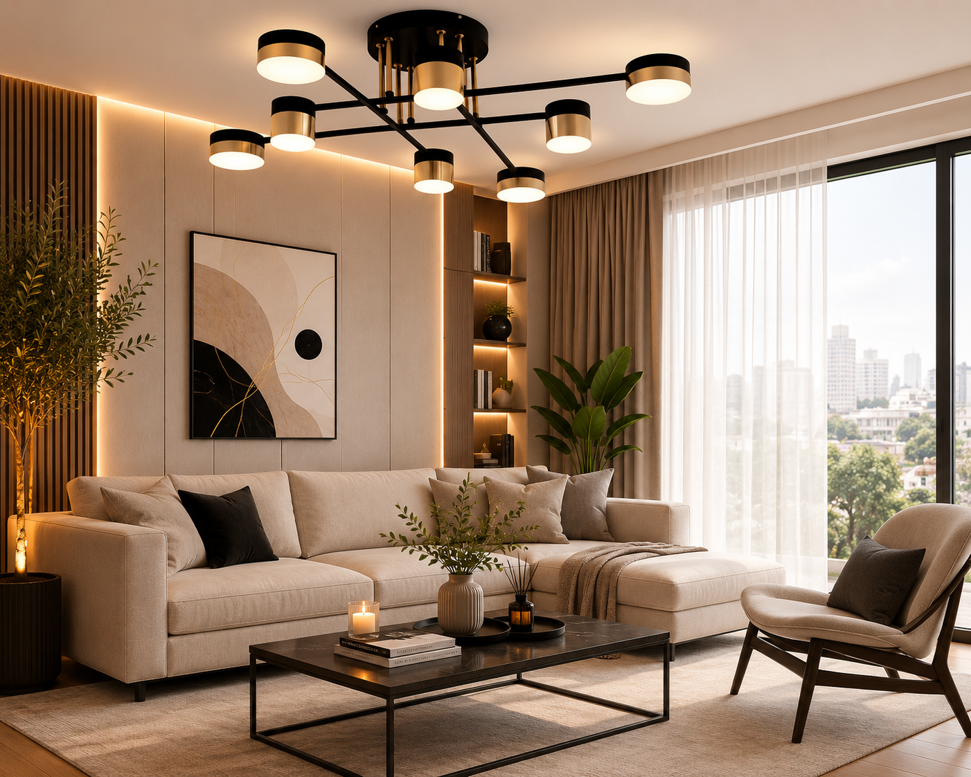 Lustra LED L7815/8BK+FGD – 96W, Design Elegant cu Accente Gold si Lumina Reglabila