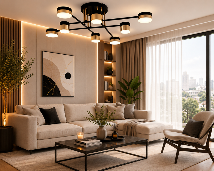 Lustra LED L7815/8BK+FGD – 96W, Design Elegant cu Accente Gold si Lumina Reglabila