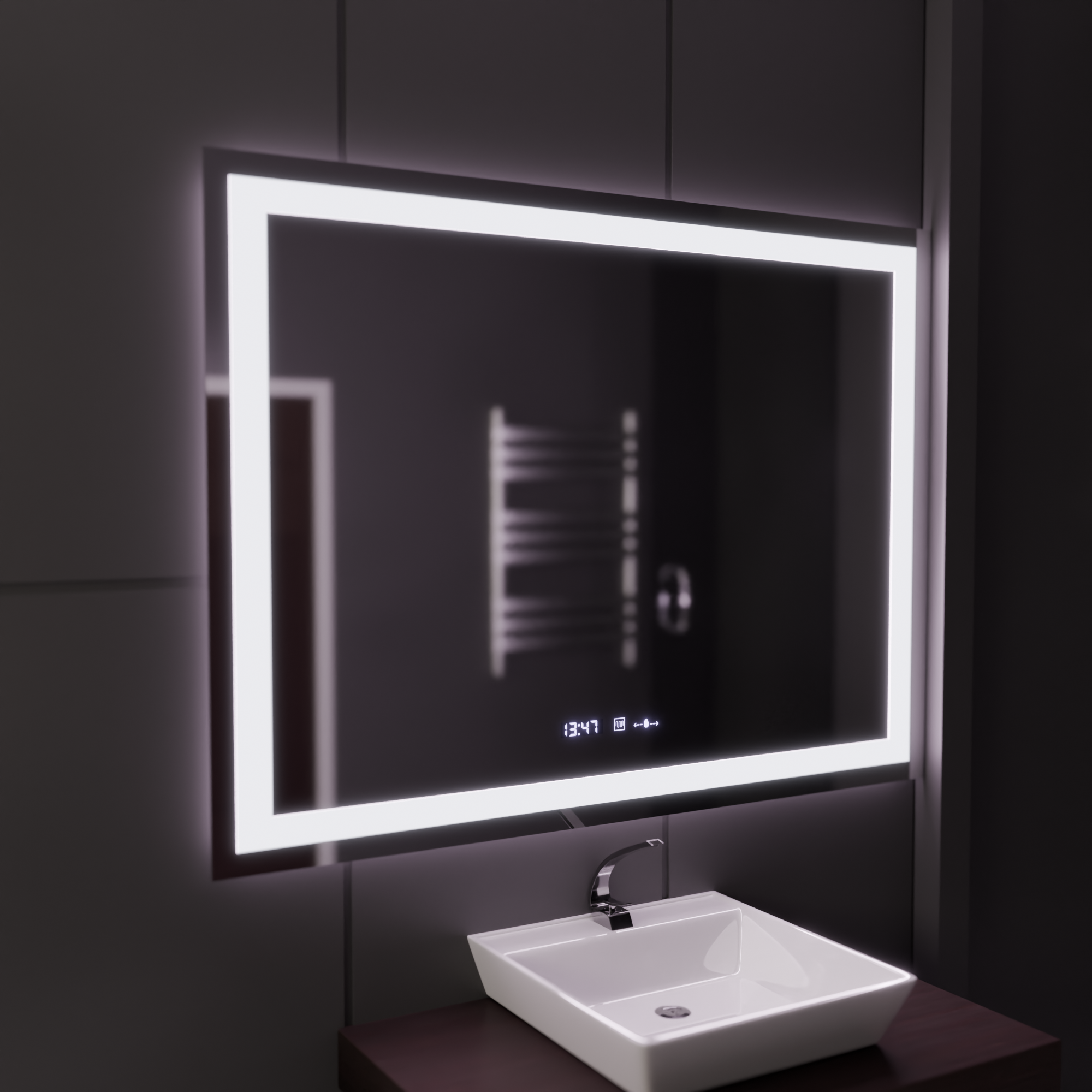 Oglinda LED 120x80cm cu Iluminare Dimabilă, Senzor Touch, Dezaburire, Ceas și Termometru