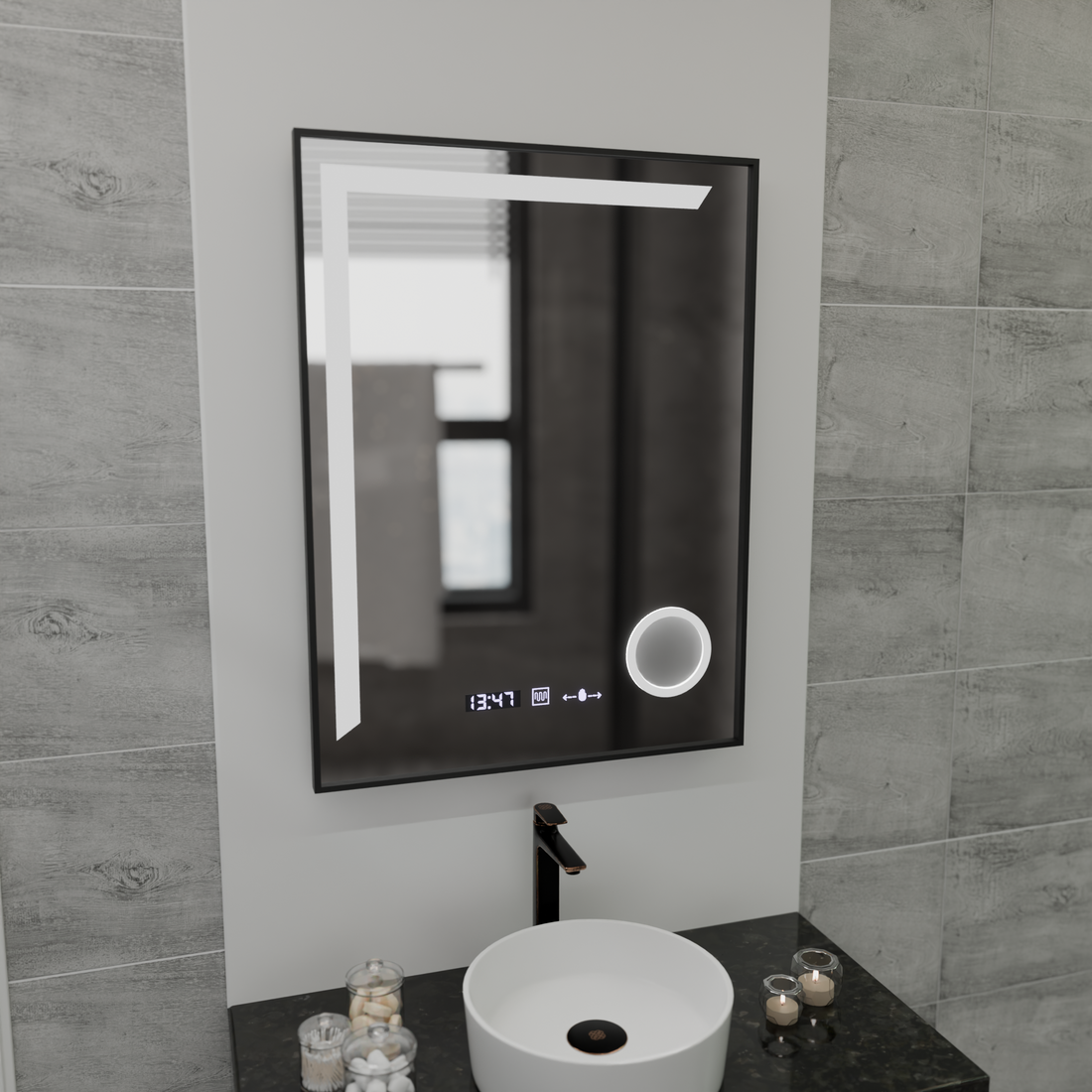 Oglinda LED 60×80 cm cu ramă neagră, senzor, dezaburire, ceas, termometru și lumină reglabilă
