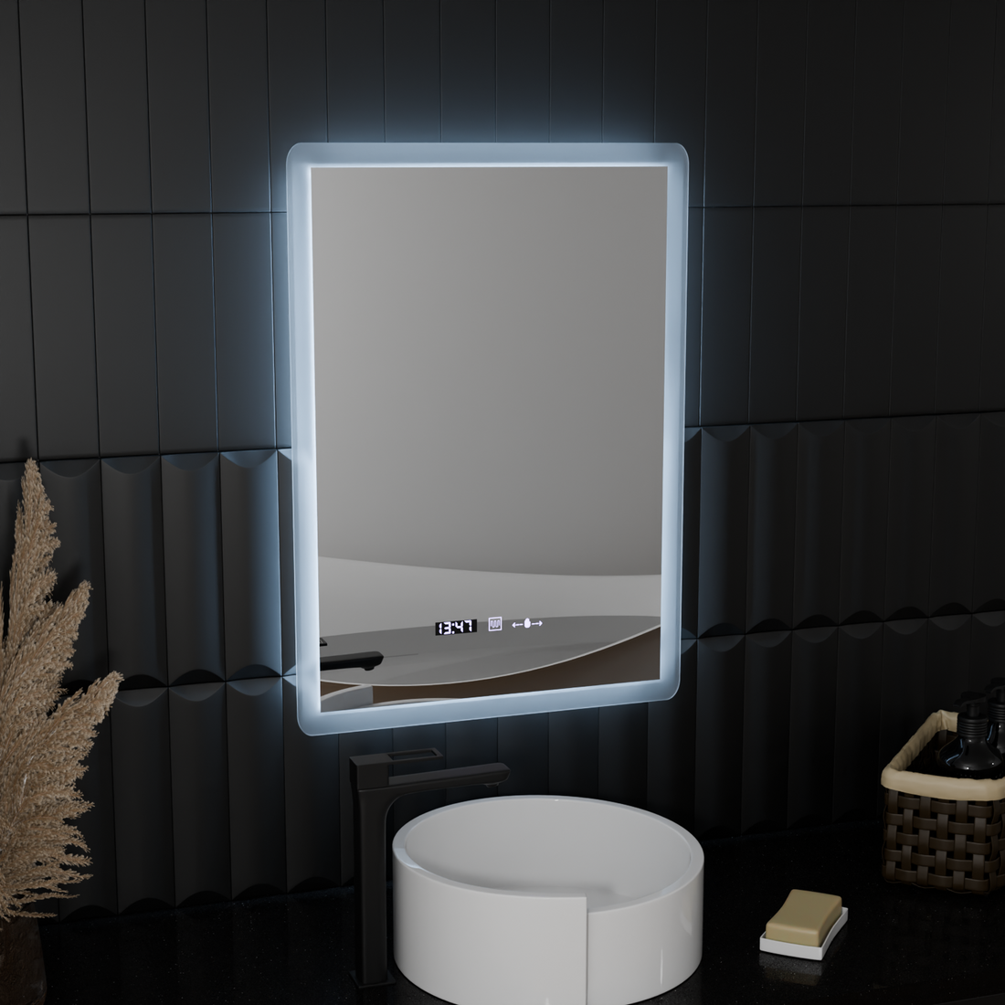Oglinda LED 50×70 cm cu senzor, dezaburire, ceas digital, termometru și lumină reglabilă