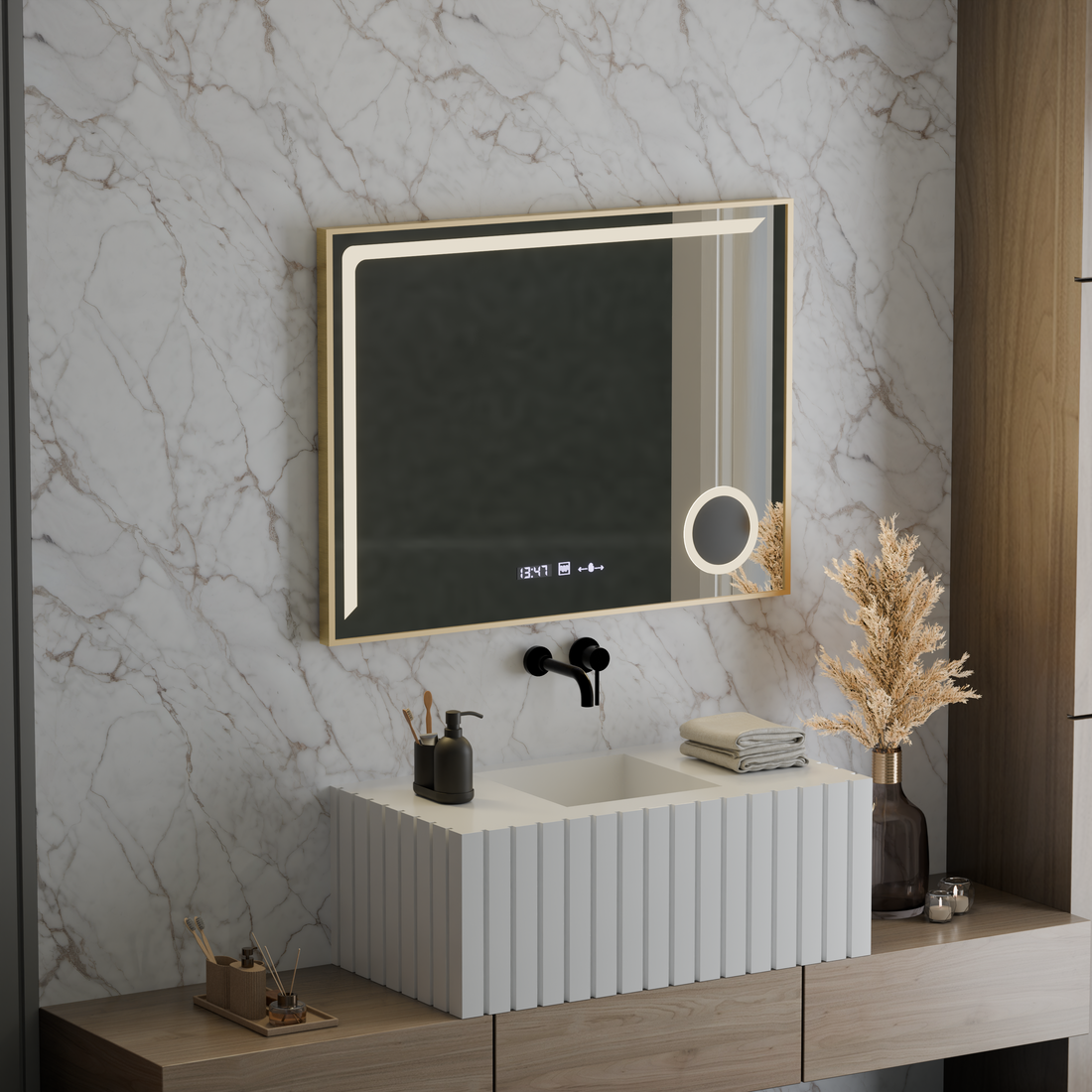 Oglinda LED 80×60 cm cu ramă neagră, senzor, dezaburire, ceas, termometru și lumină reglabilă