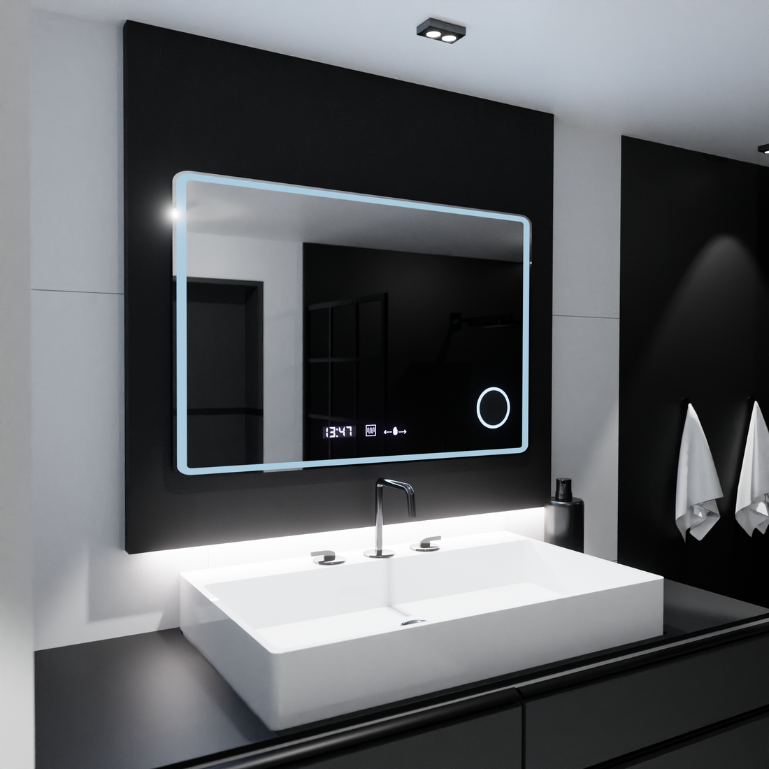 Oglinda LED dreptunghiulara 120×80 cm cu senzor, dezaburire, ceas și lumină reglabilă