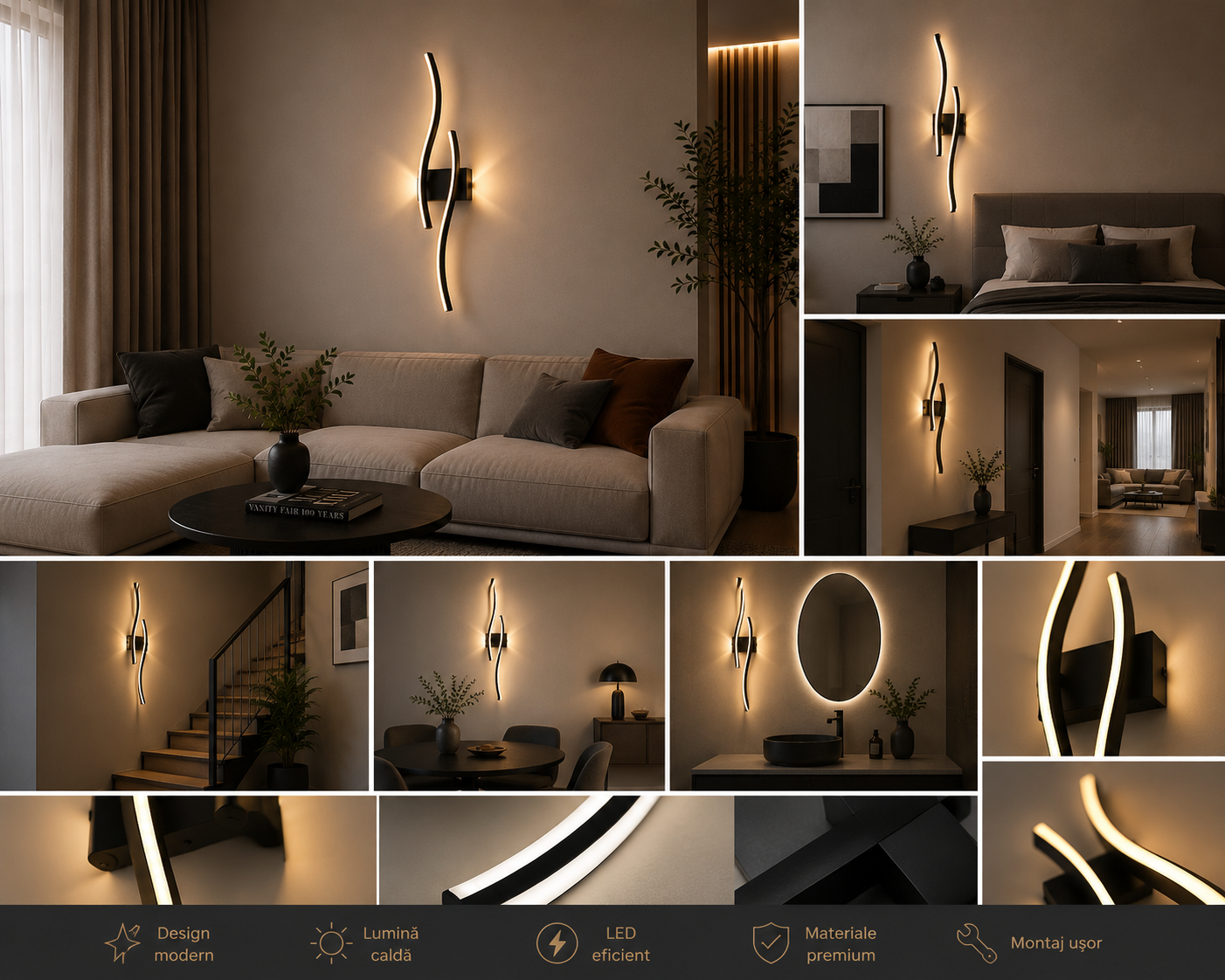 Aplica LED perete design curbat, 50W, 780×140×65 mm, lumină reglabilă 3000K–6500K