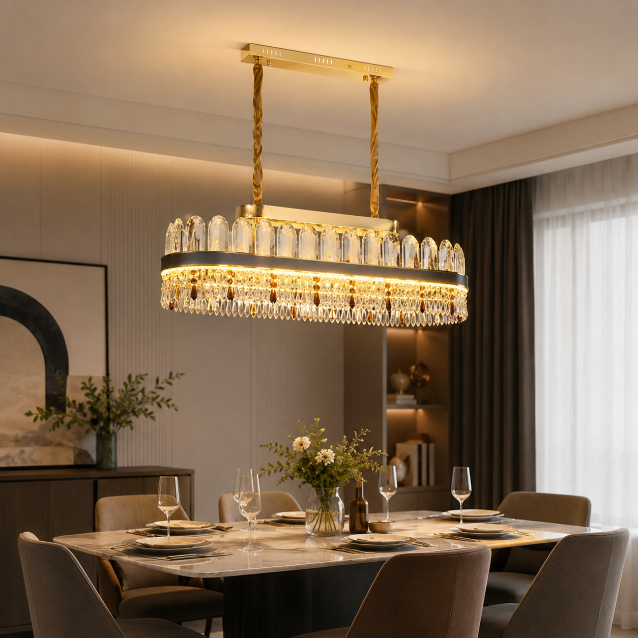 Candelabru LED Cristal Luxury Oval Gold 8651, 140W, L800×300 mm, lumină rece 8651/800x300