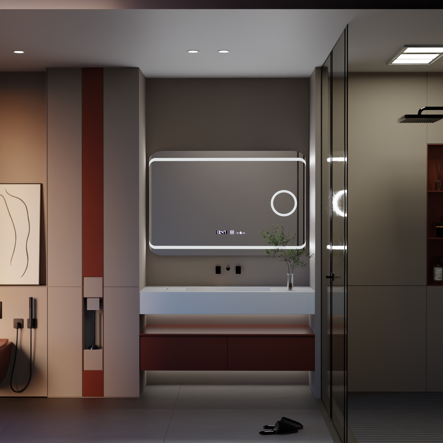 Oglindă LED 120x80 cm Cu Dezaburire, Ceas, Termometru, Lumină Dimabilă și Senzor Touch