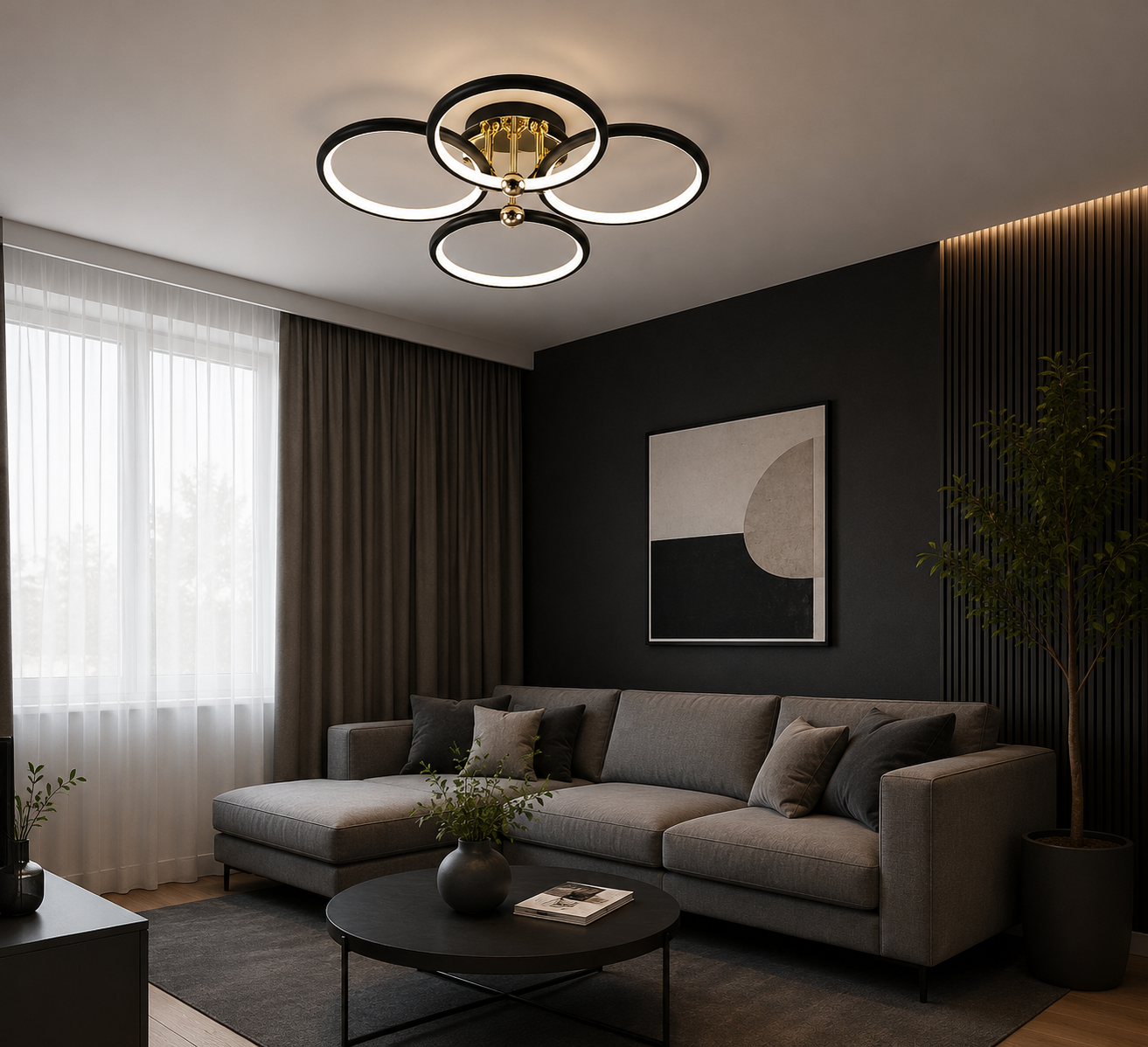 Lustra LED 104W cu telecomandă, D560×H160 mm, lumină reglabilă 3000–6500K – model 9708/4BK+FGD